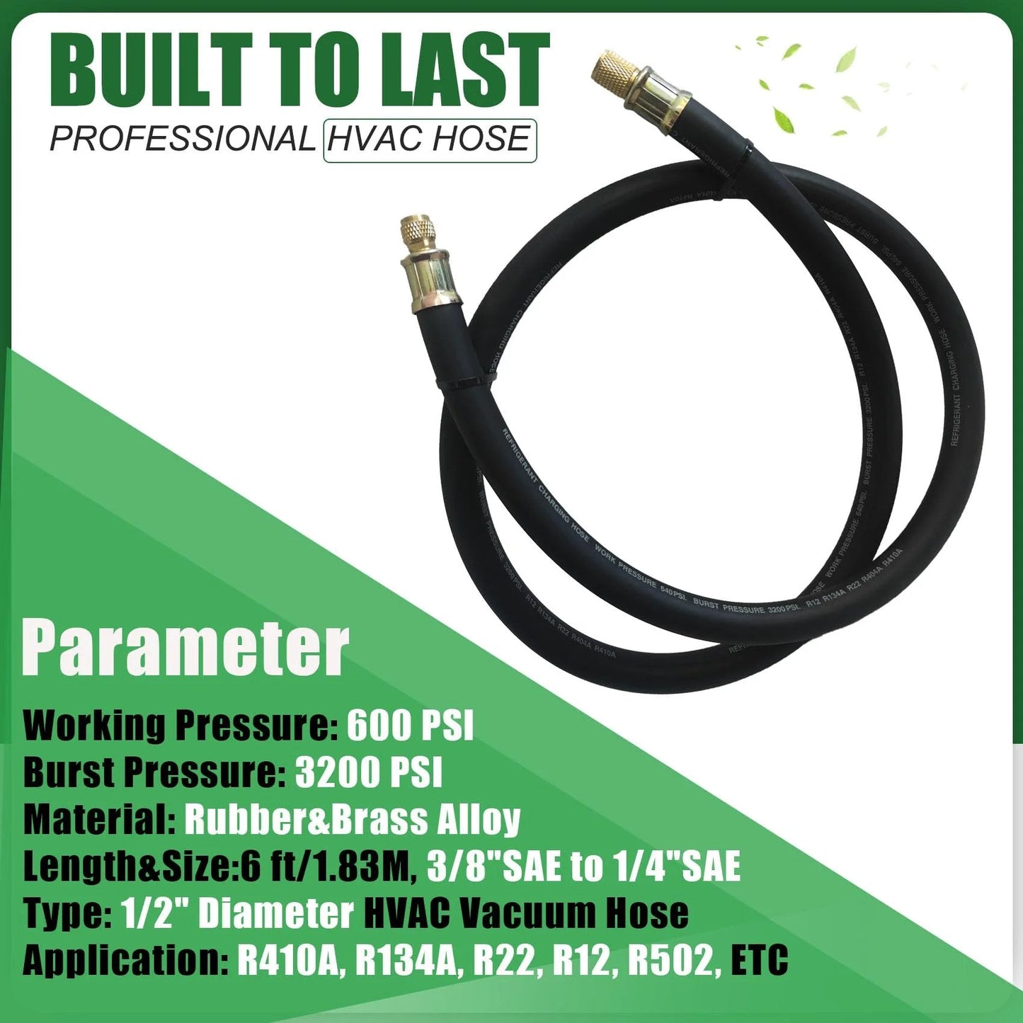 High Flow Half Inch HVAC Vacuum Hose With 3/8 To 1/4 Inch SAE Fittings displayed coiled with brass ends and product specifications