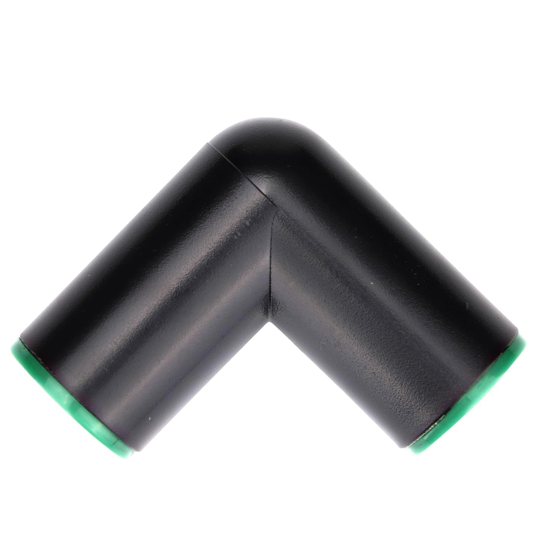 90 Degree Compression Elbow For 1/2 Inch Drip Irrigation Tubing, Loose Fit, Easy Install For Garden And Lawn, black plastic with green ends.