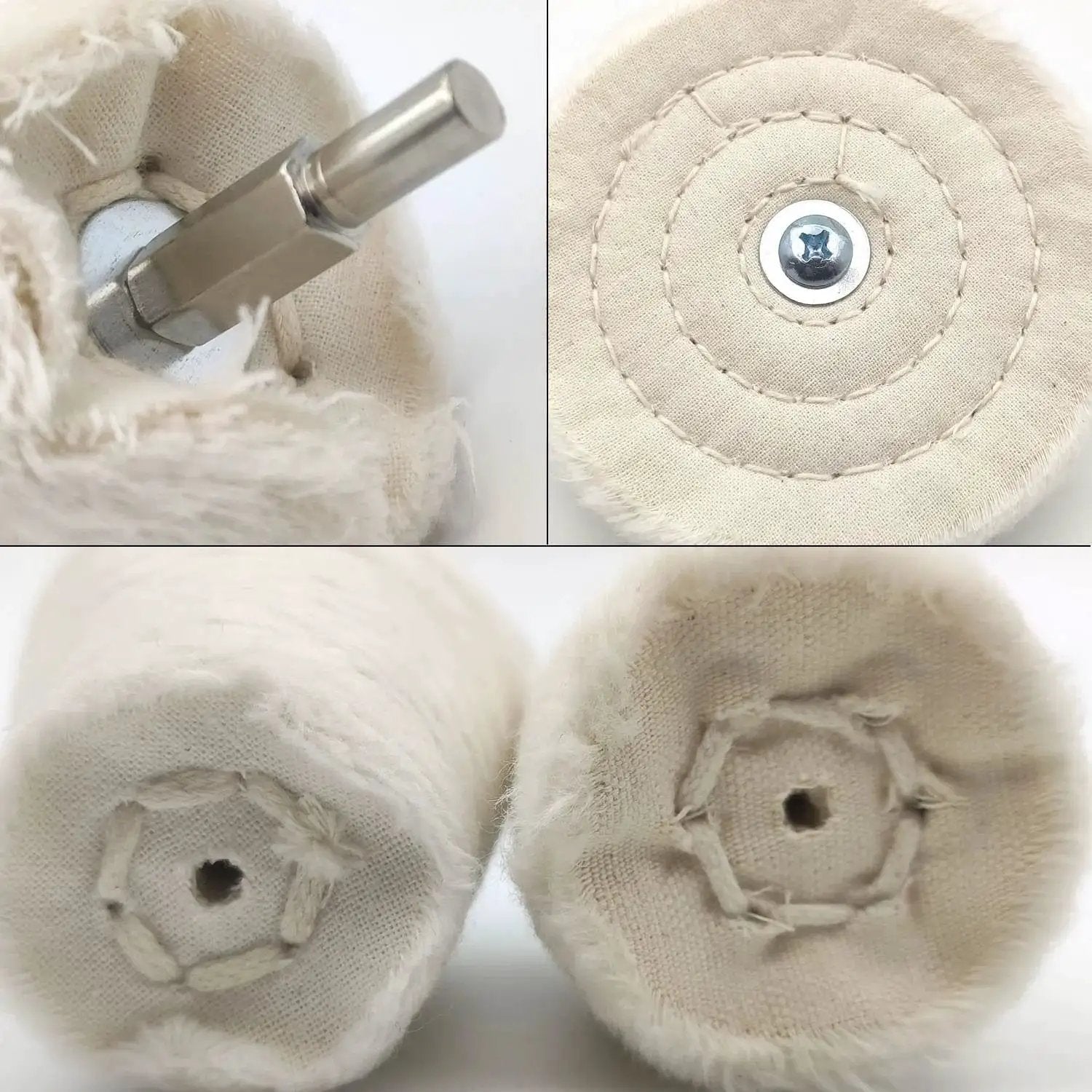 Close-up views of Six Piece Drill Buffing Wheel Kit for Polishing Metal Wood Glass Jewelry, showing soft, lint-free wheel textures.