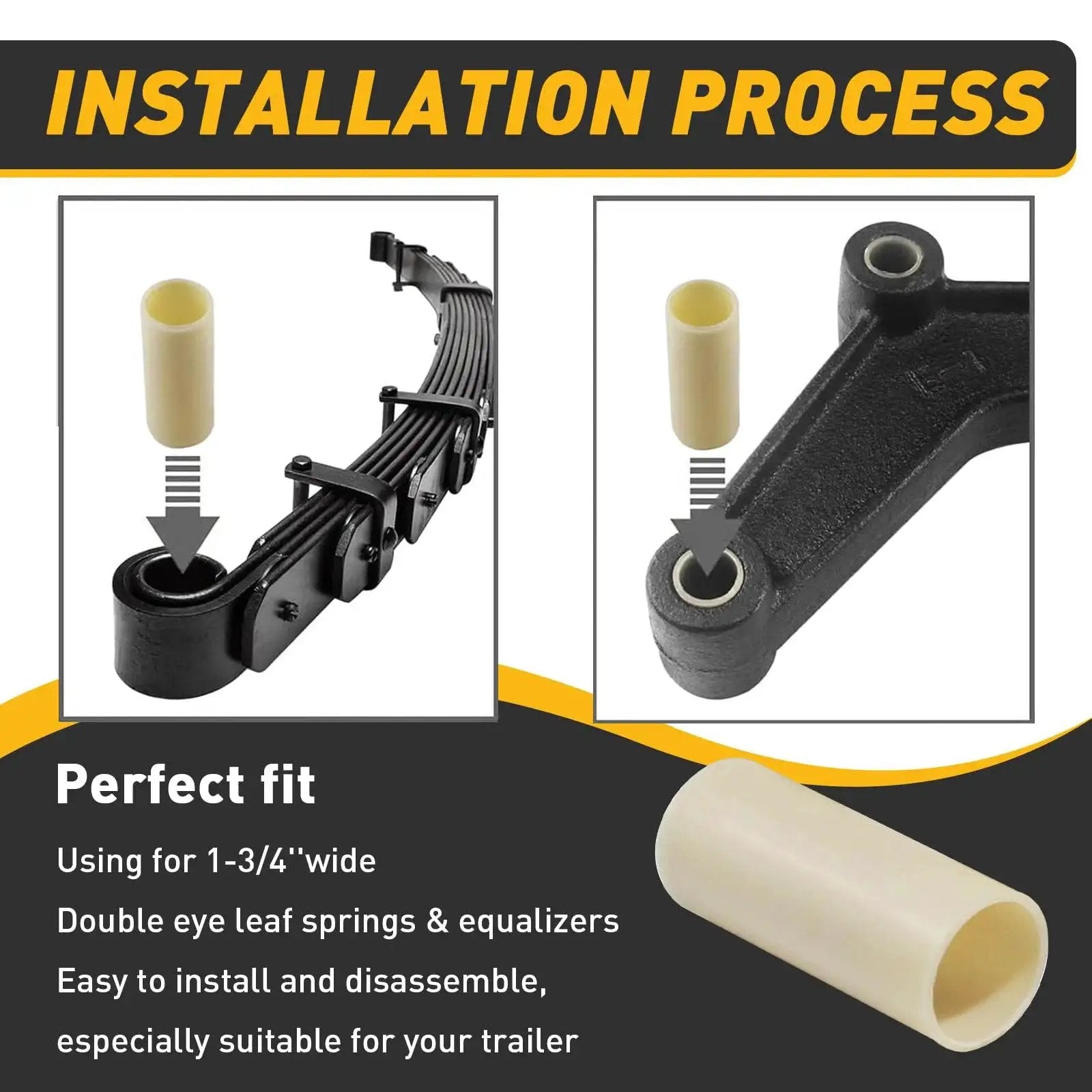 Nylon Trailer Leaf Spring Bushings 9 16 Inch ID And 1 3 4 Inch Outer Diameter Universal Fit Eight Pack installation on slipper trailer leaf springs and equalizers.