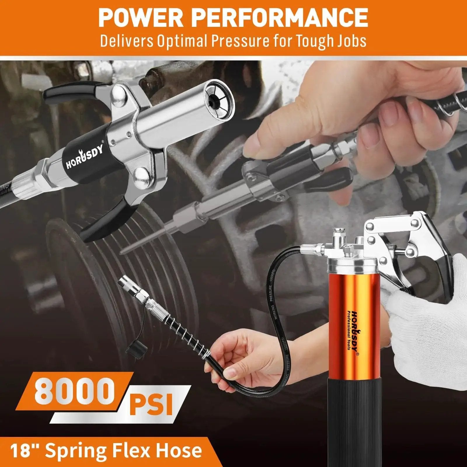 Beefed Up 8000 PSI Grease Gun Kit With 14oz Grease, flexible hose, shown in use on machinery for workshop lubrication.