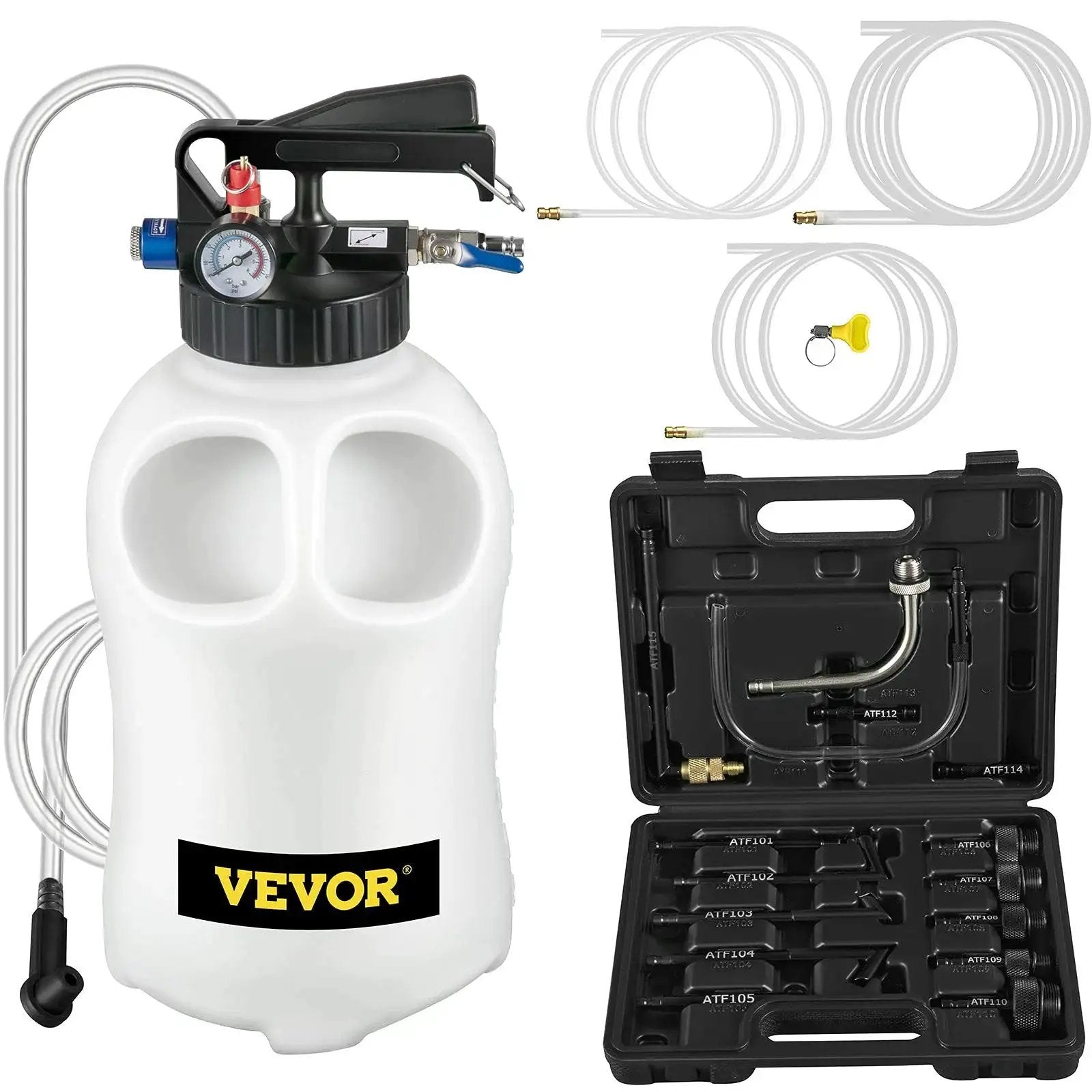 Two Way ATF Transmission Fluid Pump Dispenser Kit With 14 Adapters 10L Capacity shown with hoses and adapter set