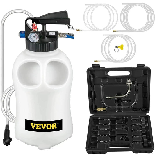 Two Way ATF Transmission Fluid Pump Dispenser Kit With 14 Adapters 10L Capacity shown with hoses and adapter set