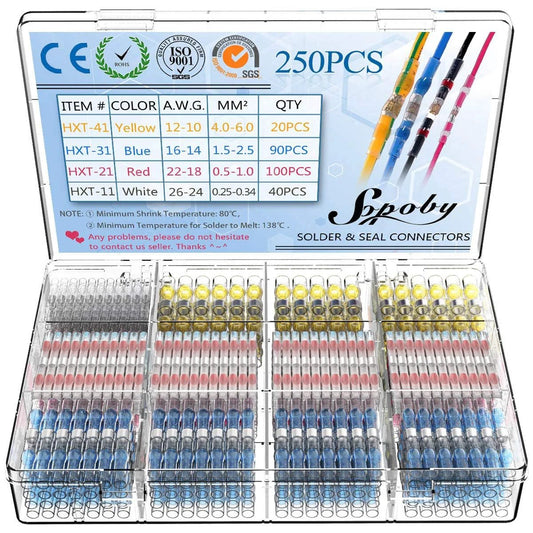 250 Piece Solder Seal Wire Connector Kit Pro Grade Insulated Waterproof Heat Shrink Solder Butt Connectors For Automotive And Marine Electrical Wiring Heavy Duty Double Wall Design For Strong Long Lasting Connections