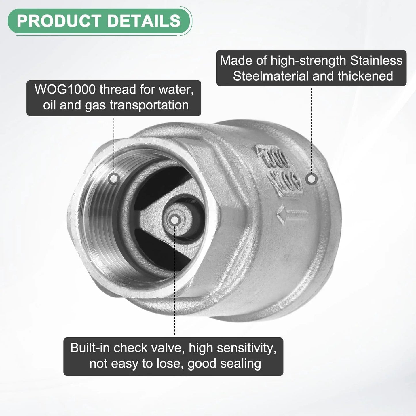 Stainless Steel Spring Check Valve In Line One Way Non Return Backflow Preventer For Water Heaters Oil And Gas Three Quarter Inch NPT Two Point Six Inch Length Silver Multipurpose Inline Plumbing Fitting For Residential And Industrial Use