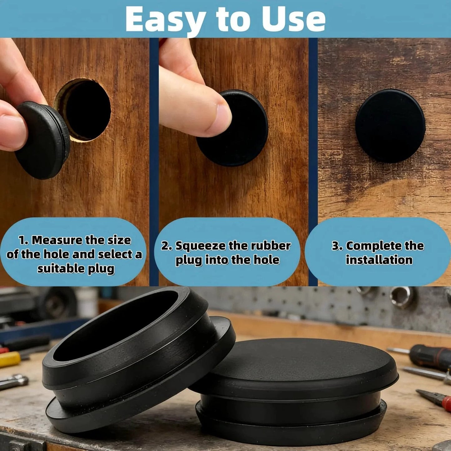 Easy installation steps for 125 Pieces Black Rubber Round Hole Plugs Set In Eight Sizes Silicone Plugs For Round Holes For Furniture