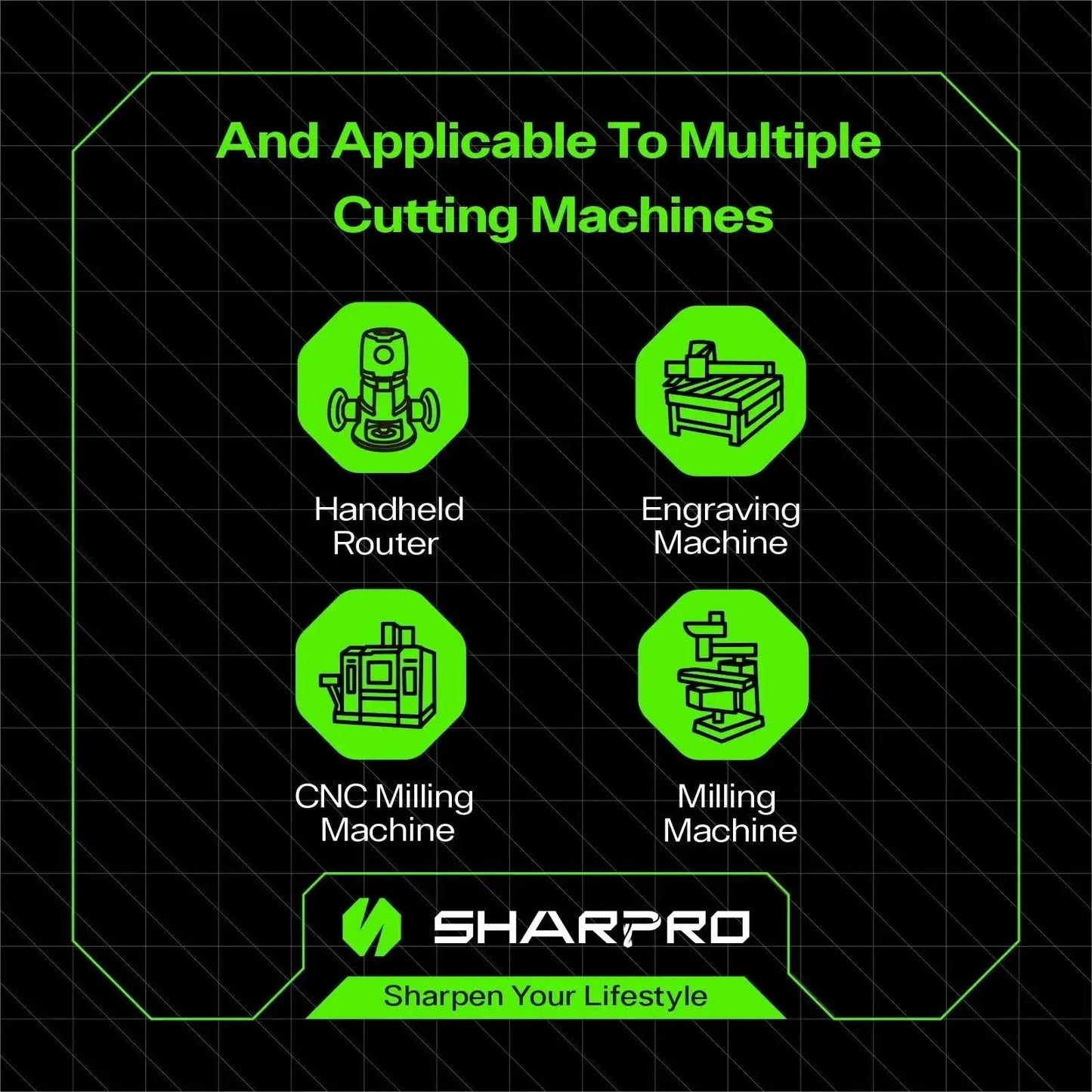 Infographic showing compatibility of Sharpro router bit with handheld router, engraving machine, CNC milling machine, and milling machine.