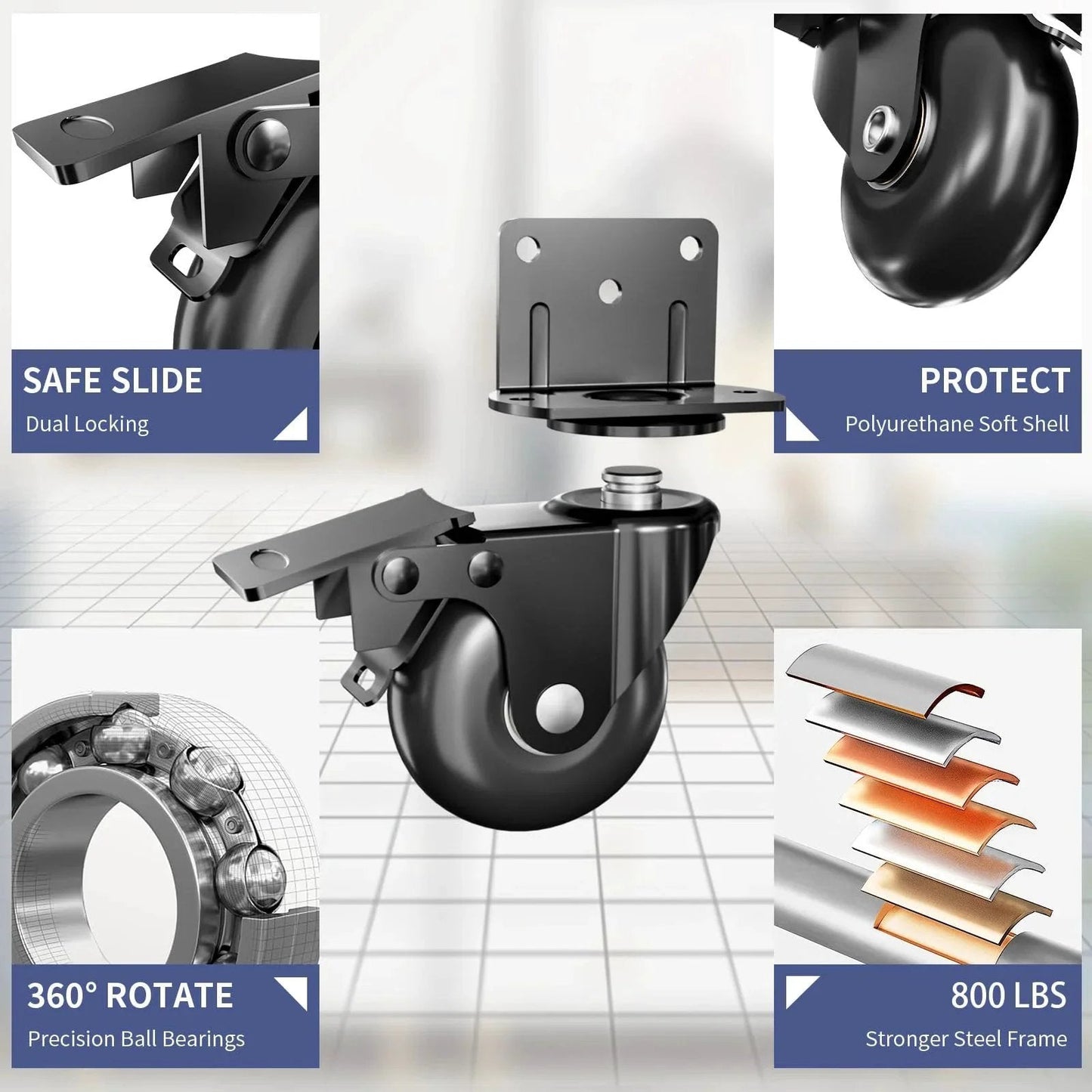 Side Mount Plate Caster Wheels Set Of 4 With Brakes, Heavy Duty 800 Lbs Capacity, 360 Degree Swivel, Locking Wheels, Black 2 Inch