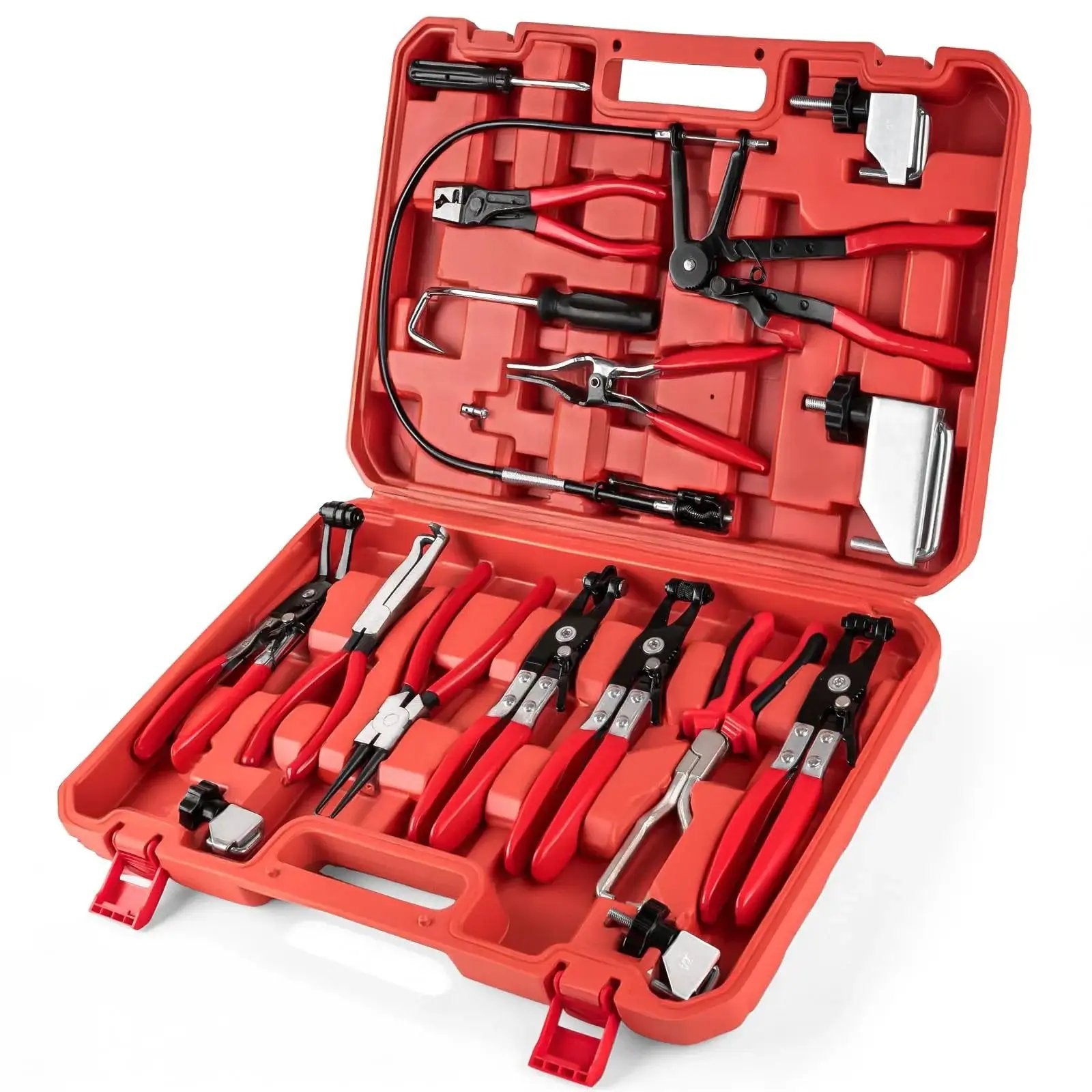 16 Piece Hose Clamp Pliers Set With Long Reach For Fuel Oil Coolant Hoses in red plastic case, showcasing all tools neatly organized