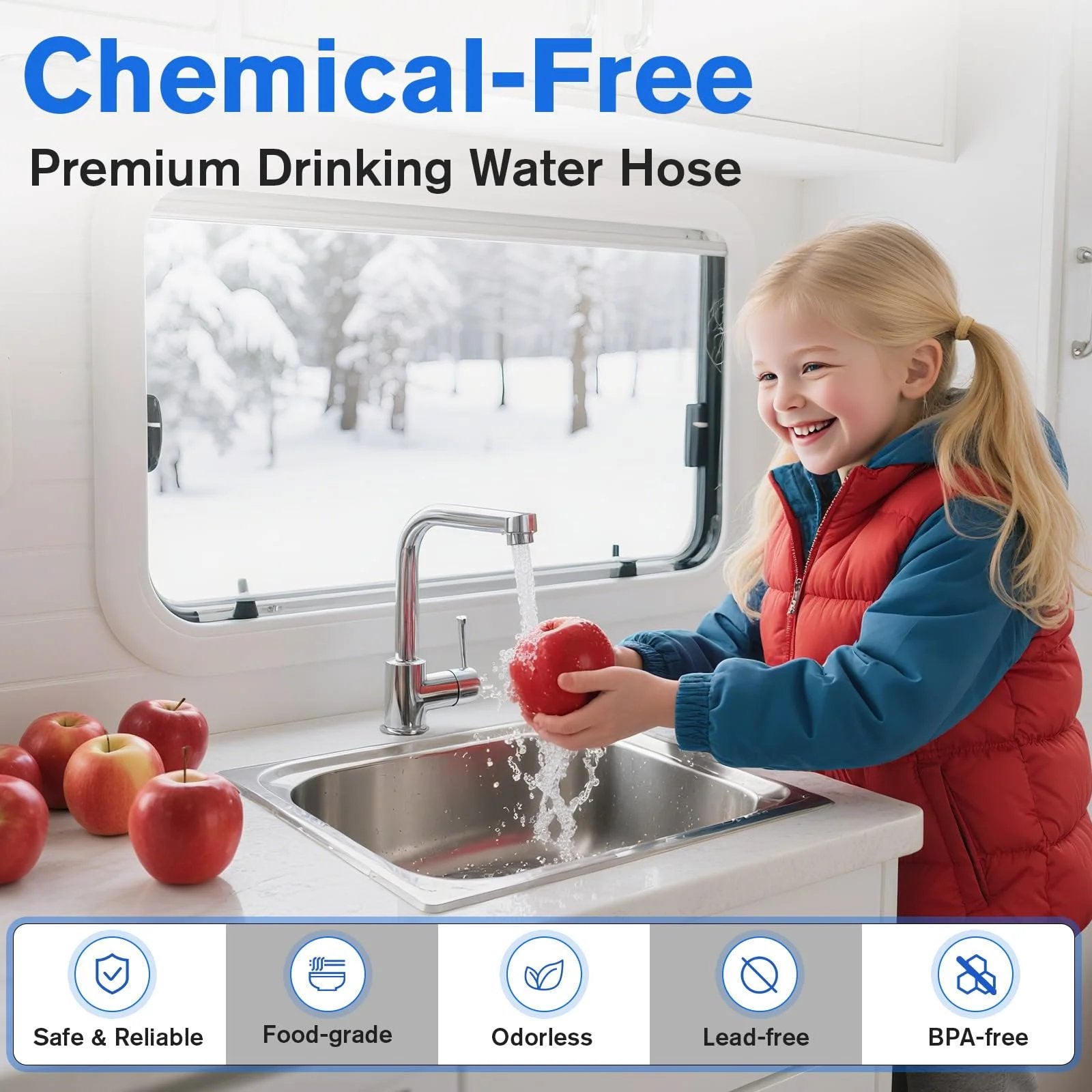 Child washing an apple in an RV kitchen using a Heavy Duty Heated RV Water Hose 100 Ft Five Eighths Inch With Auto Thermostat.