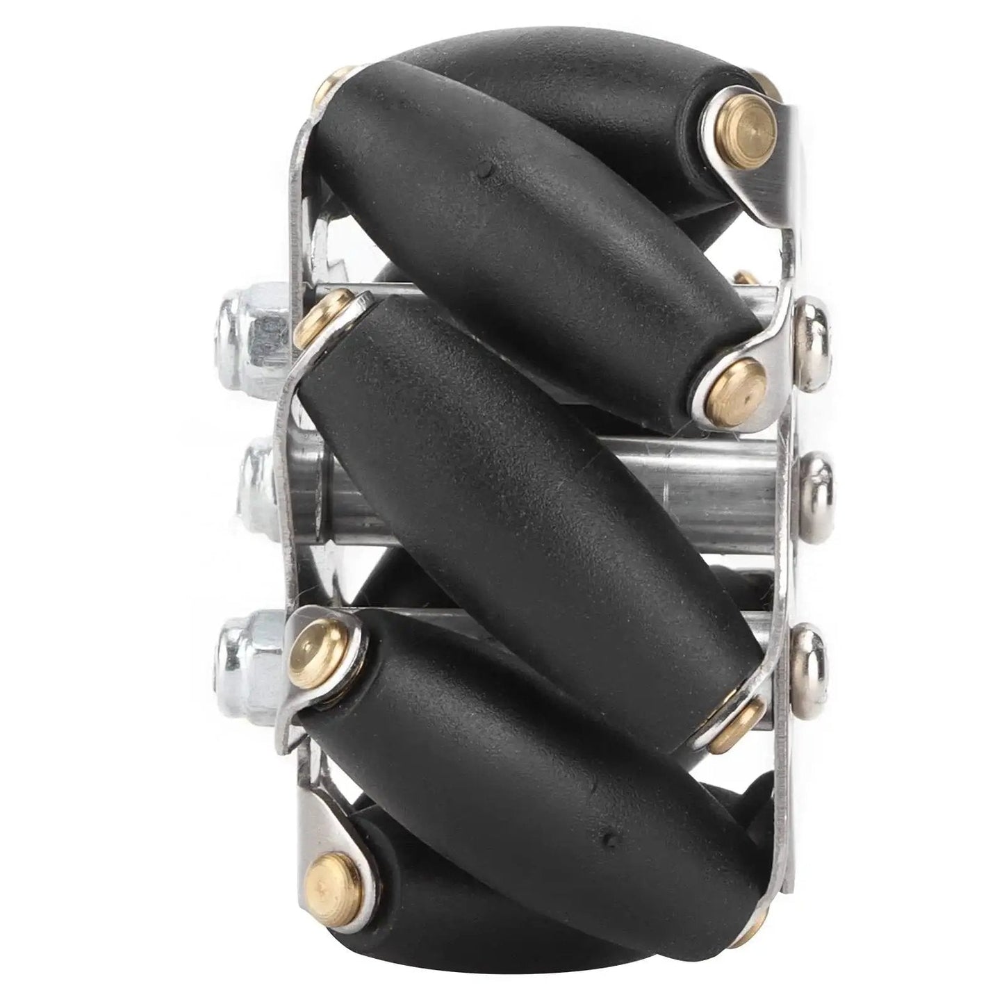 Close-up of 48mm steel Mecanum wheel with TPR rollers for omni-directional movement, part of 4 Pack 48mm Steel Mecanum Wheels.