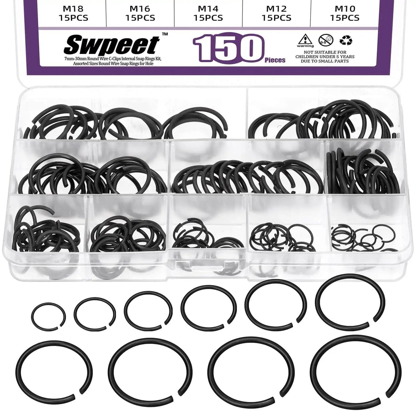All In One Snap Ring Kit for Bearings and Shafts, 150 Pcs External C Clips Set Featuring 10 Sizes 10mm to 26mm, Carbon Spring Steel