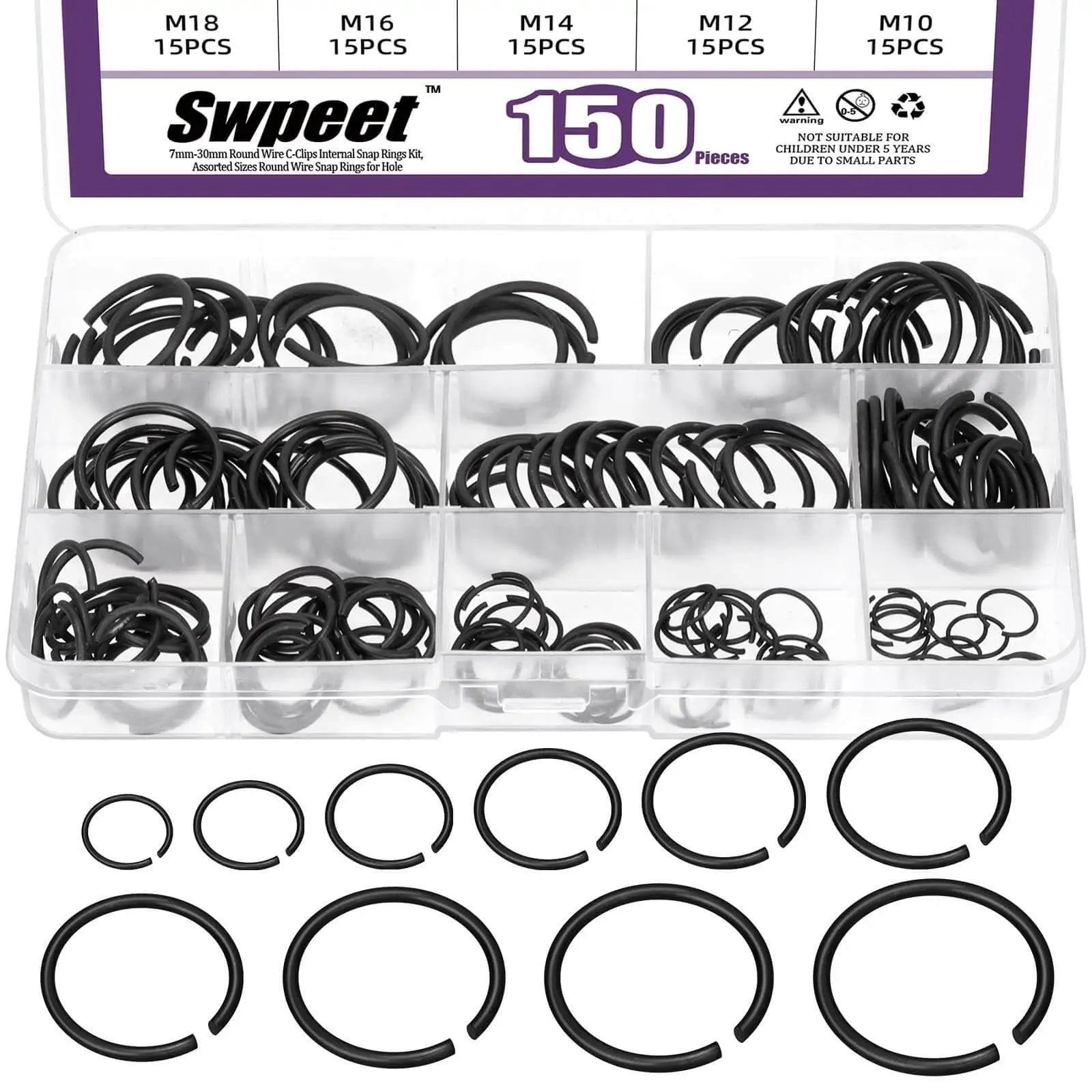 All In One Snap Ring Kit for Bearings and Shafts, 150 Pcs External C Clips Set Featuring 10 Sizes 10mm to 26mm, Carbon Spring Steel