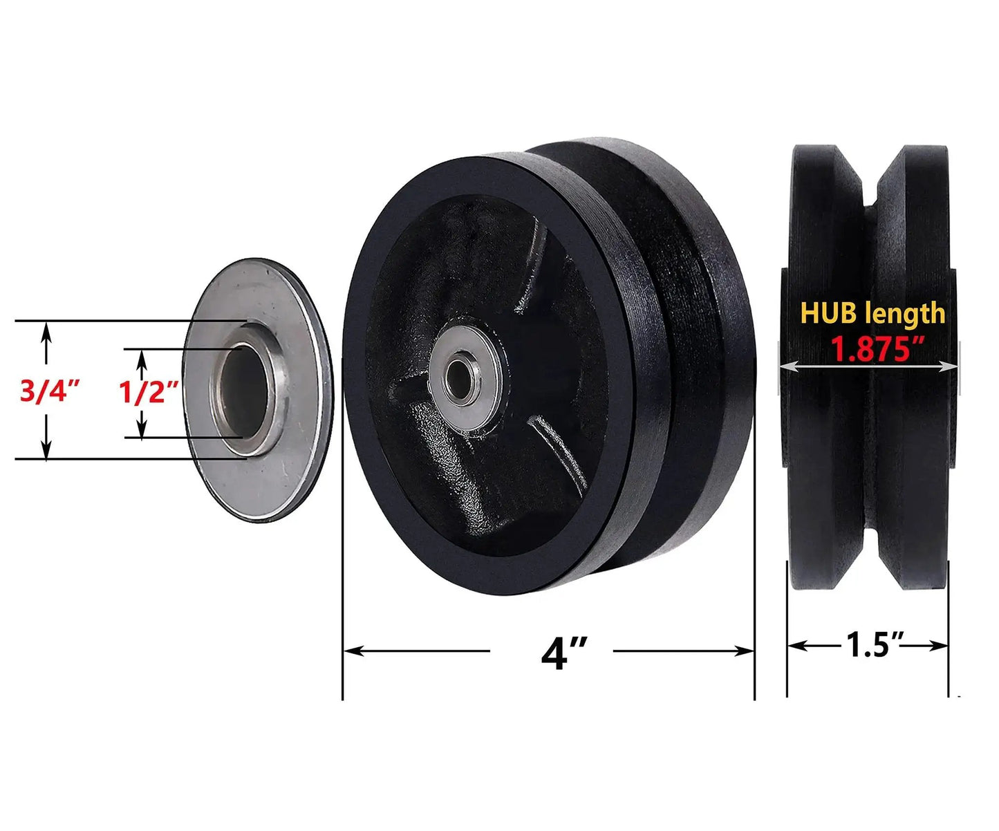 4 Inch By 1-1/2 Inch Cast Iron V Groove Caster Wheel With Straight Roller Bearing For Heavy Duty Machinery, 600 Lb Load Capacity, side view