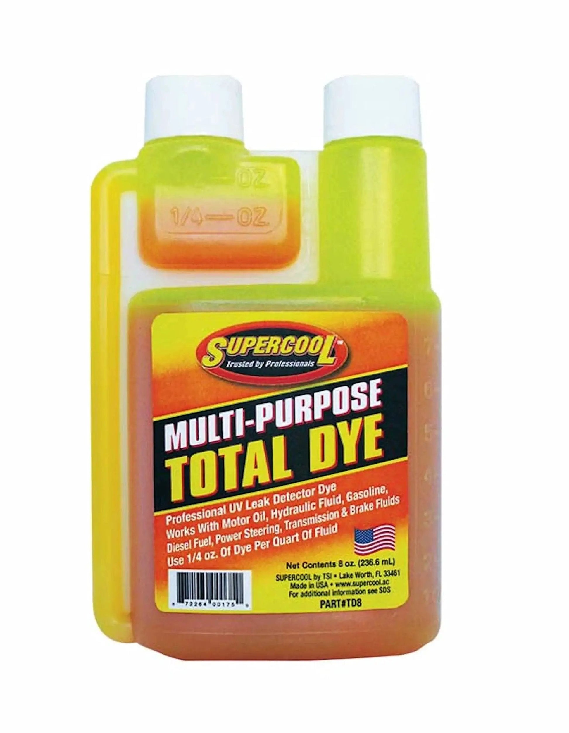 Total Dye TD8 UV Dye For Motor Oil And Hydraulic Fluids 8 Oz Self Measure Bottle Synthetic Colorant For Power Transmission Fluid And Engine Oil Easy To Measure American Made For Automotive Enthusiasts And Pros.