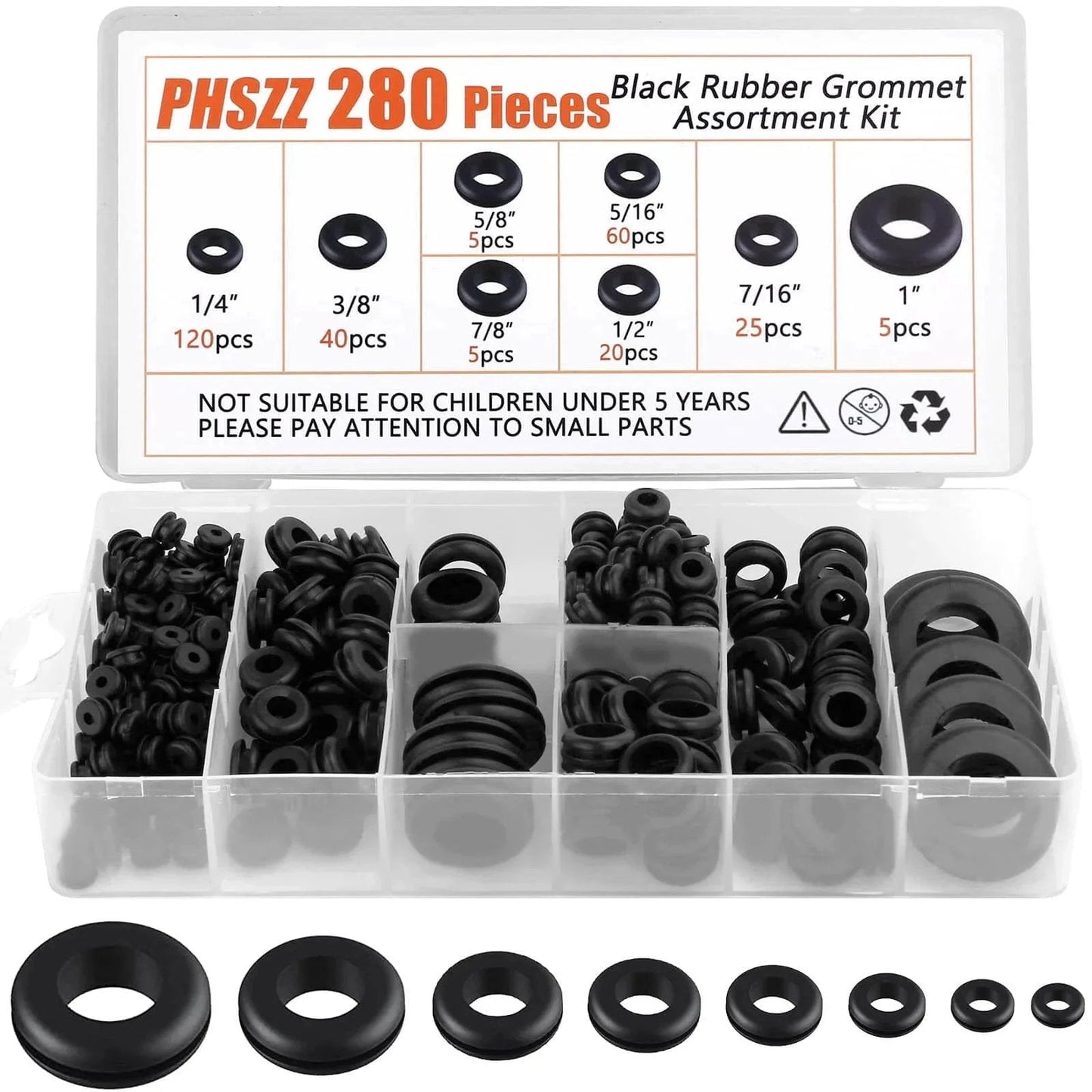 Rubber Grommets Kit 280 Piece Assortment for Wiring Automotive Firewall Sheet Metal and Hardware Repair in Eight Sizes
