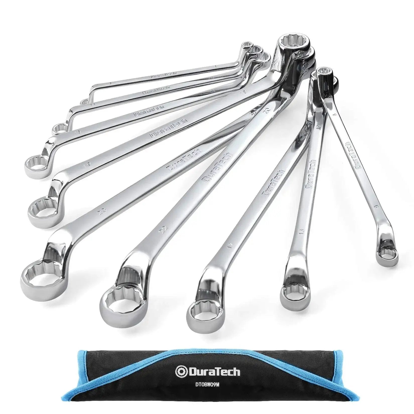 Offset Box Wrench Set Metric 9 Piece 6 To 23 Mm 75 Degree Offset Handles Double 12 Point Box Ends CRV Chrome with Rolling Pouch