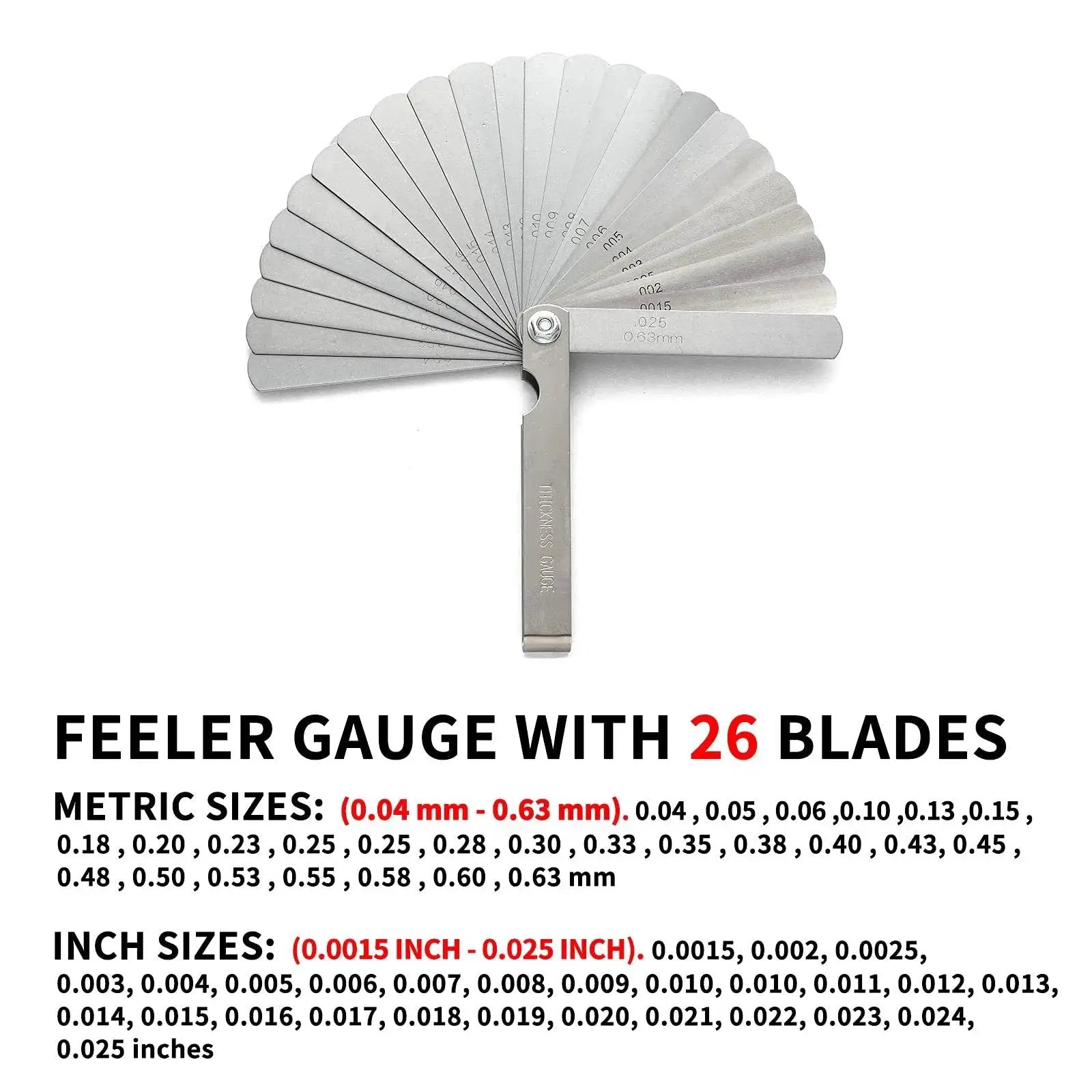 Three Piece Feeler Gauge Set With 32 And 26 Blade Gauges And Offset 16 Blade Gauge Stainless Steel Dual Marked Metric And Imperial Gap