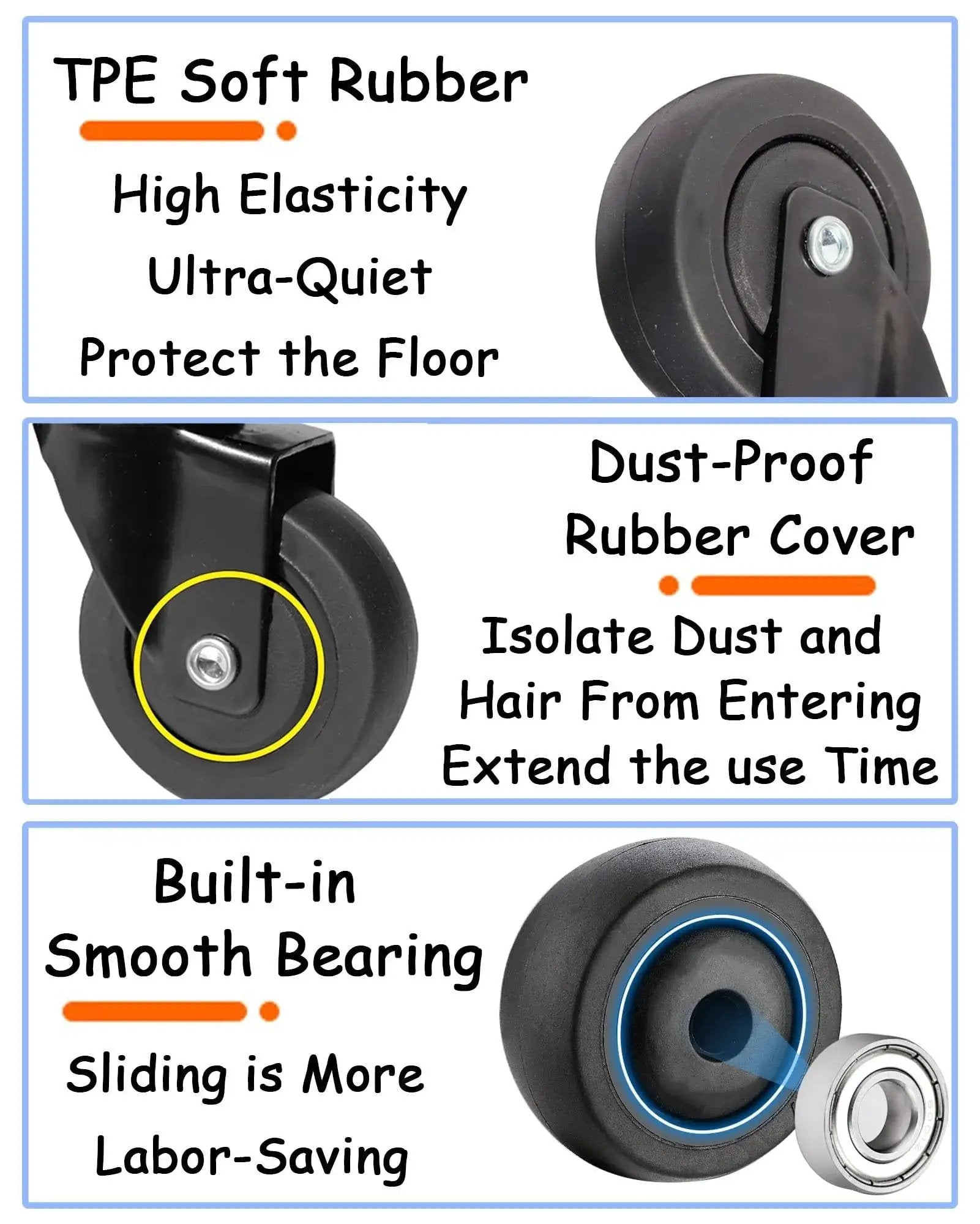 1 Inch Mini Swivel Caster Wheels Set With M6x15mm Threaded Stem Silent TPE Rubber Brake Rollers For Light Furniture And Small Trolleys, 4 Pack, Each 45kg 99lbs Load Capacity, Includes Nuts And Wrench. Close-up of black rubber wheel with dust-proof cover and built-in bearing.
