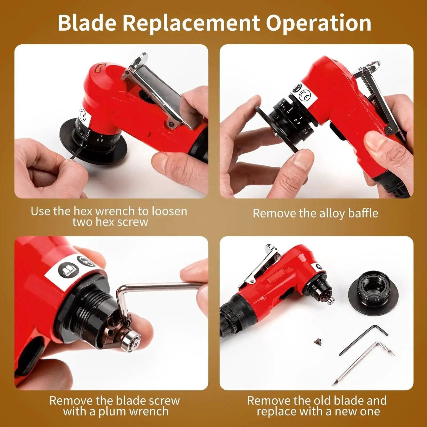 Blade replacement steps for carbide turning indexable inserts for chamfer tools and pneumatic chamfering machines.