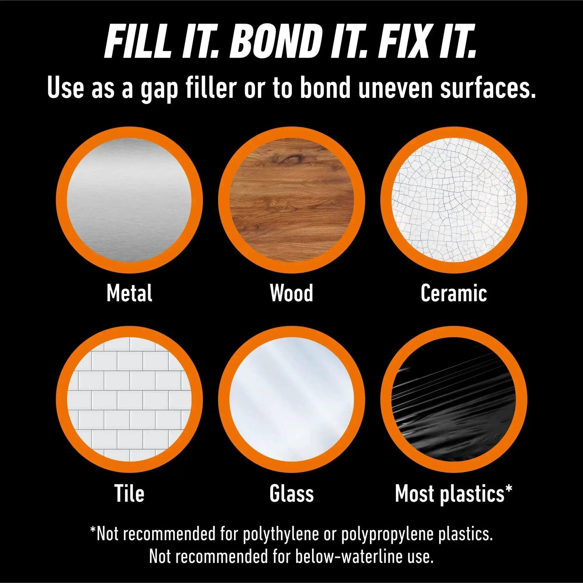 Image showing materials bonded by Clear 2 Part Epoxy Syringe, 0.85 Oz, 5 Minute Fast Set, Strong Bond: metal, wood, ceramic, tile, glass, plastics.