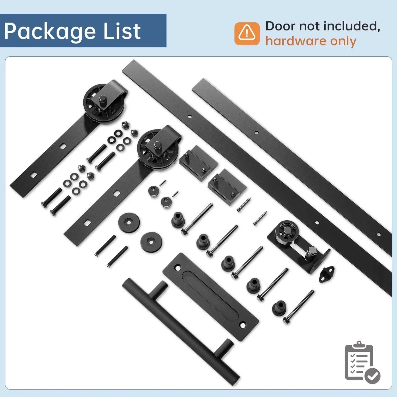 EaseLife 6.7 Foot Sliding Barn Door Hardware Track Kit and Handle in black with industrial components, top view of accessories.