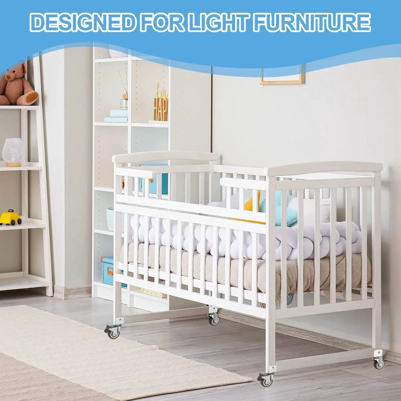 White crib on 2 Inch Caster Wheels 4 Pack With 2 Brakes And 2 Swivel Casters For Furniture Office Chairs Carts And Cabinets 55 lb Capacity Per Caster Thermoplastic Rubber Wheels Brown 50 Mm Diameter 2.5 Inch Installation Height 0.6 Inch U Bracket Opening in a nursery