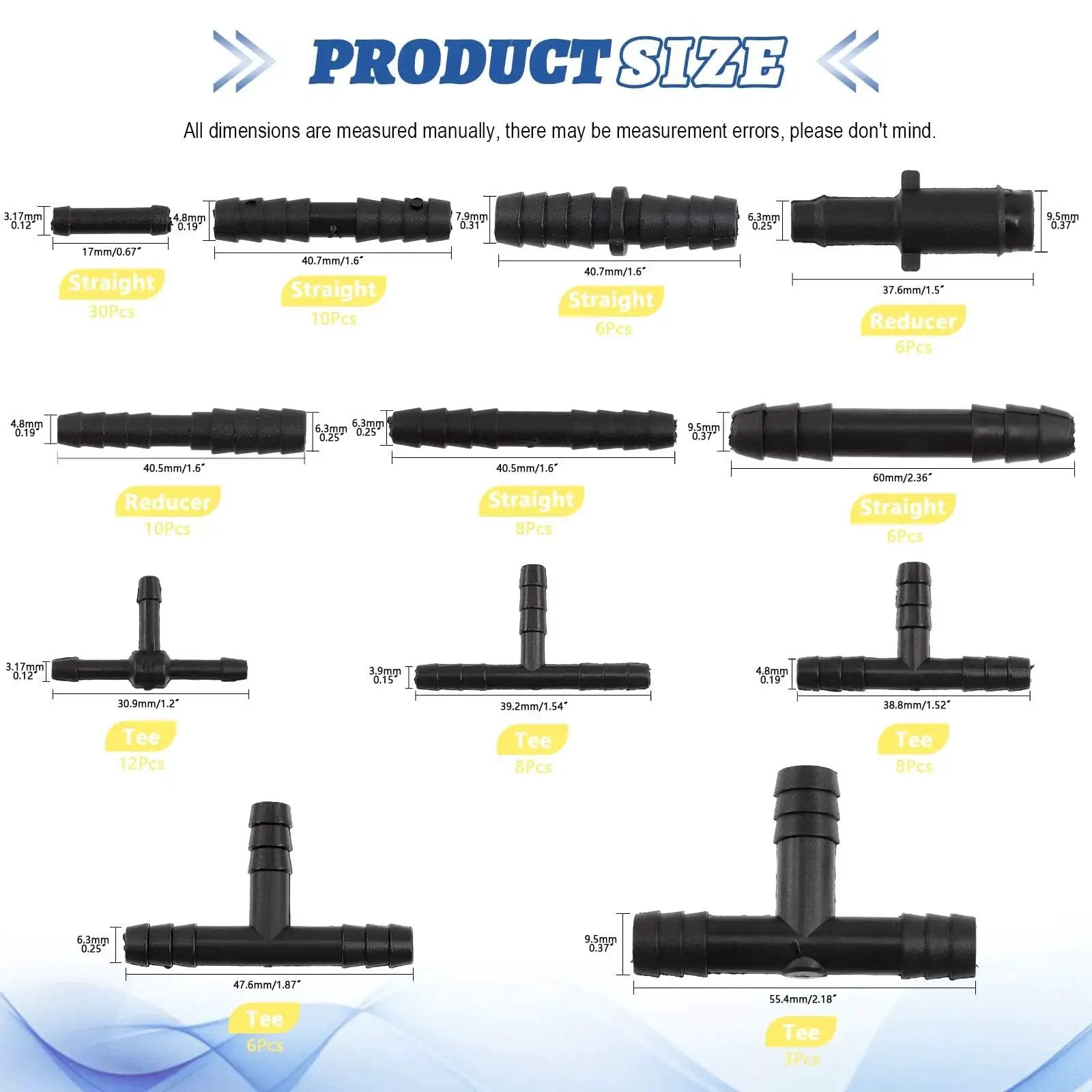 113 Piece Vacuum Connector Set In 12 Sizes, Black Nylon Tubing Connectors For Automotive Hose And Tubing, showing size details
