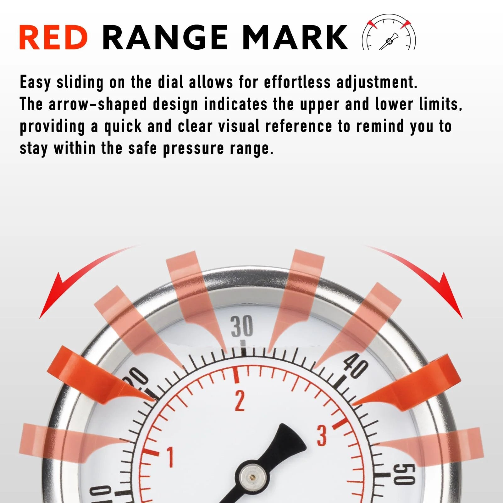 Close-up of glycerin-filled 0-3000 psi pressure gauge, two and a half inch dial with red range marks, stainless steel case.