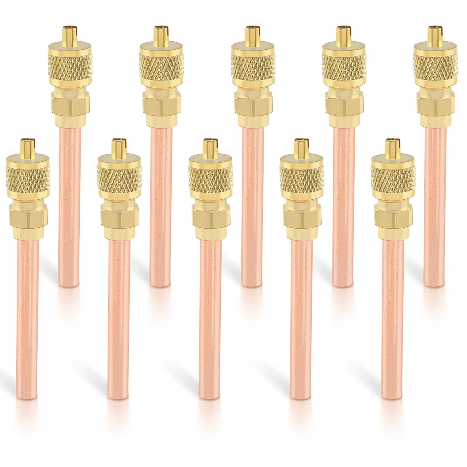 Schrader System Vacuum Service Valves Kit For HVAC AC Ten Piece One Quarter Inch SAE To One Quarter Inch OD Stem Size Two Point Seven Five Inches With Brass Caps And Core Remover AUTOKAY