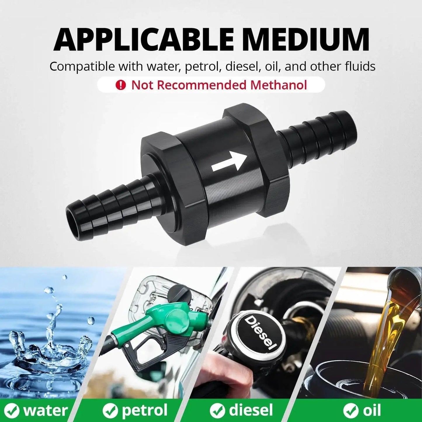 Image of One Way Fuel Check Valve Inline Three Eighths Inch OD 10mm Non Return Diesel Gasoline Black 6061 T6 Aluminum Alloy EVIL ENERGY 2 Pack, showing its applicability with various fuels including petrol, diesel, and oil.