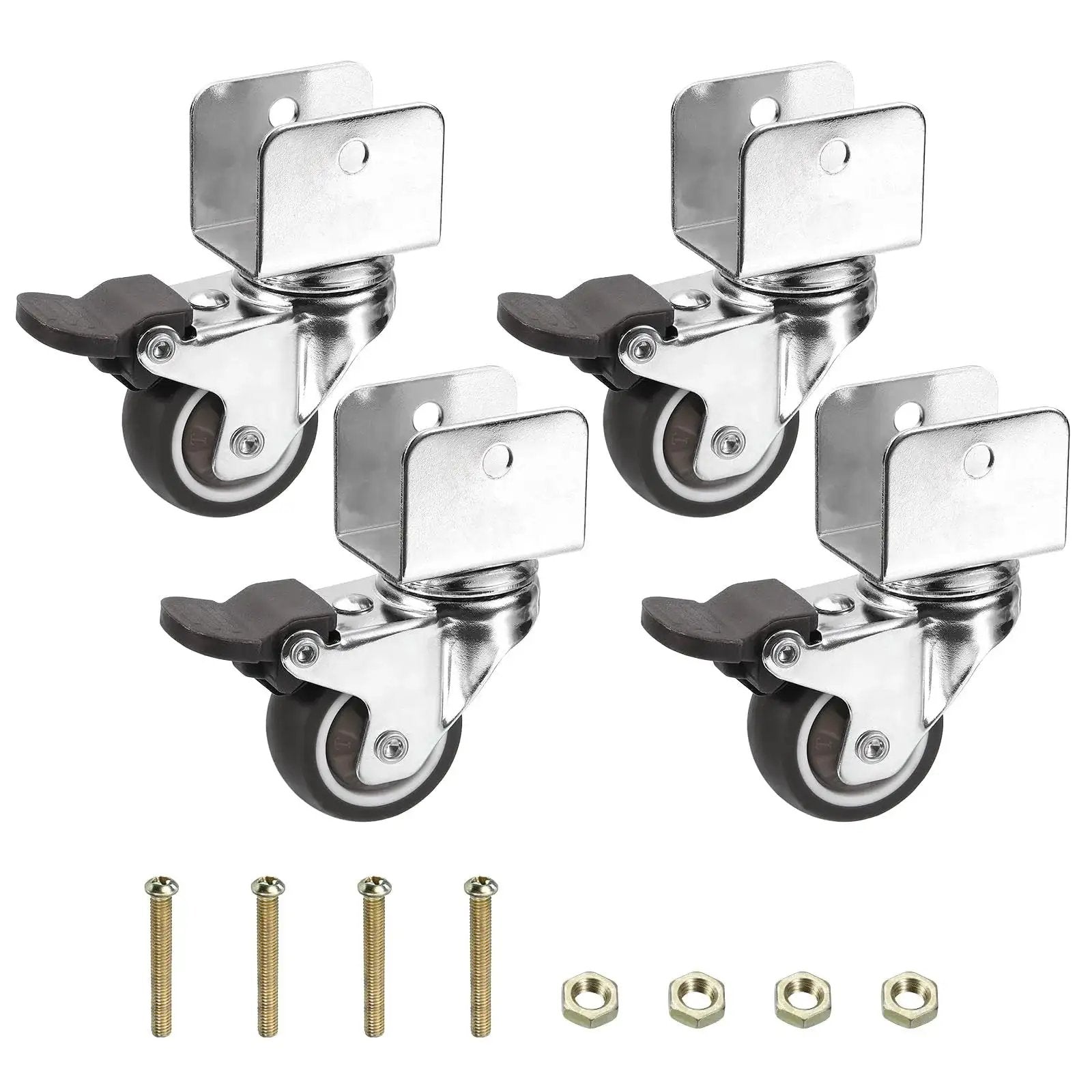 Four-pack of 1.5 inch swivel caster wheels with 1 inch U bracket, mute casters, brake, TPR wheel, mounting hardware included