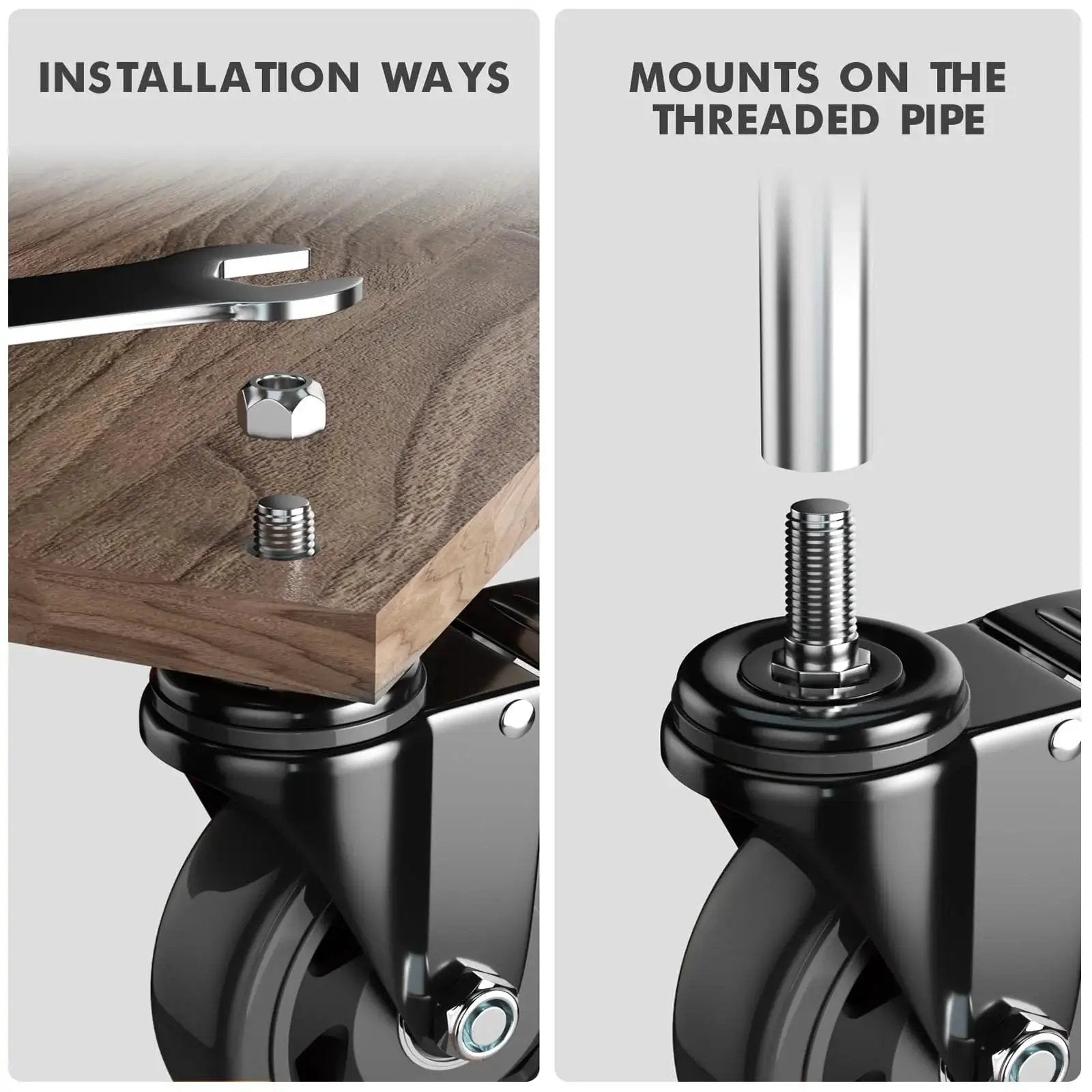 Four Inch Stem Caster Wheels Set Of Four Heavy Duty With Half Inch 13 UNC X 1 Threaded Stem Dual Lock Brakes Industrial Castors installation view