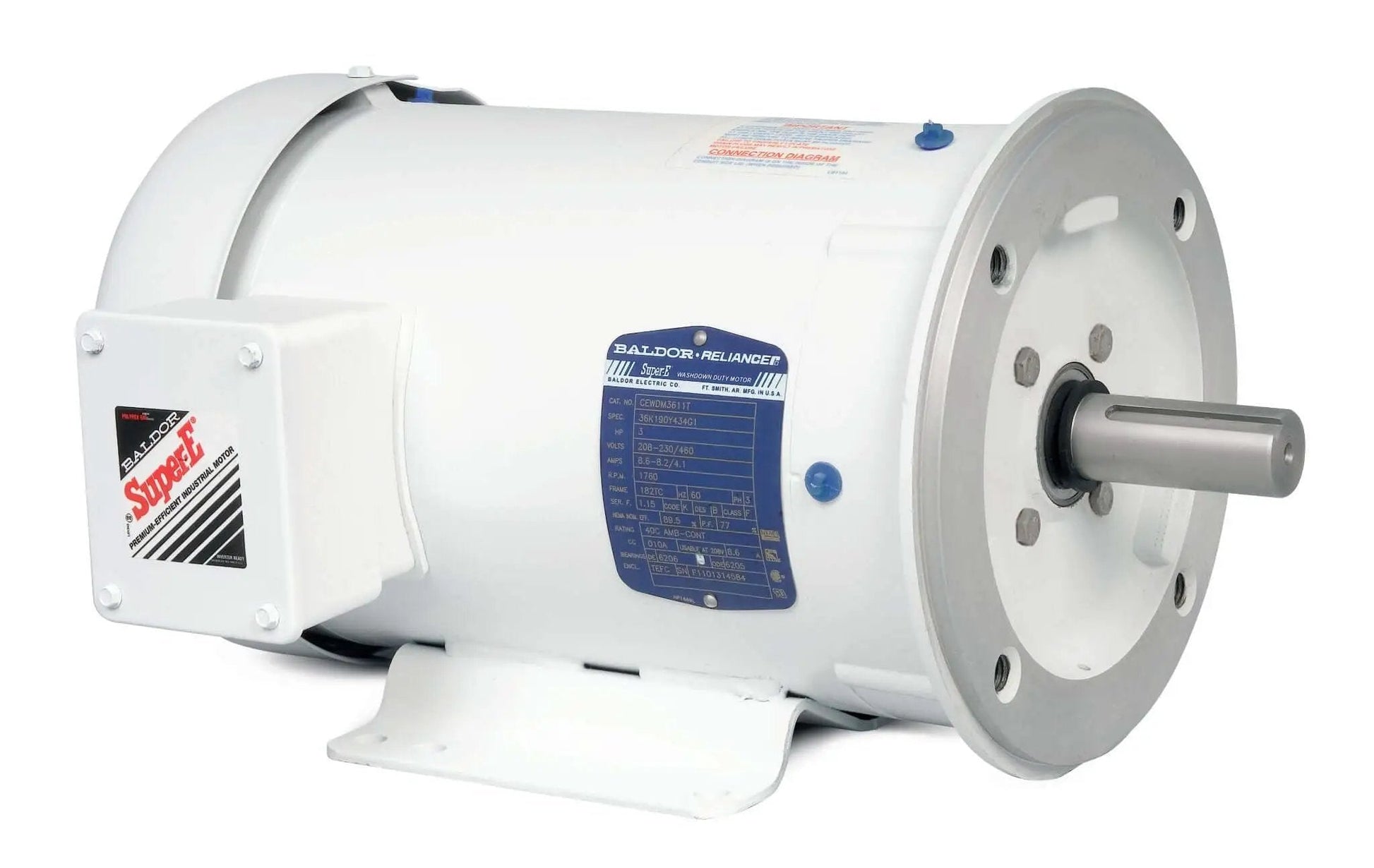 Single motor Wash-Down Duty Three-Phase TEFC C-Face Foot-Mounted Motor, 2 HP, 1755 RPM, 60 Hz, 145TC Frame, close-up view