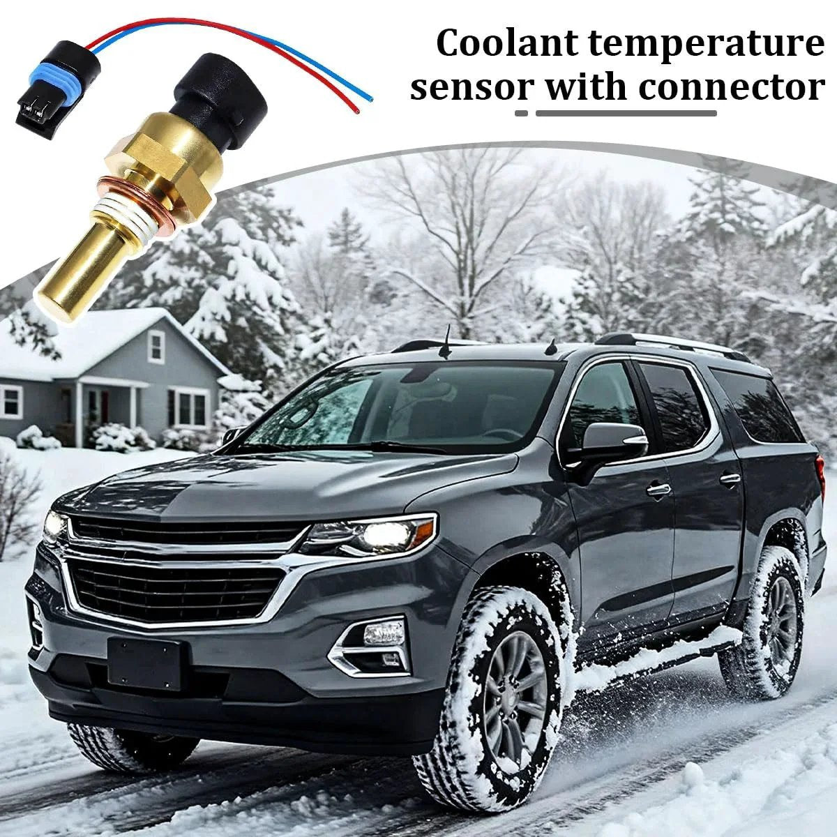 Engine Coolant Temperature Sensor With Connector Pigtail Harness Replacement OEM 19236568 next to Chevy SUV in snow