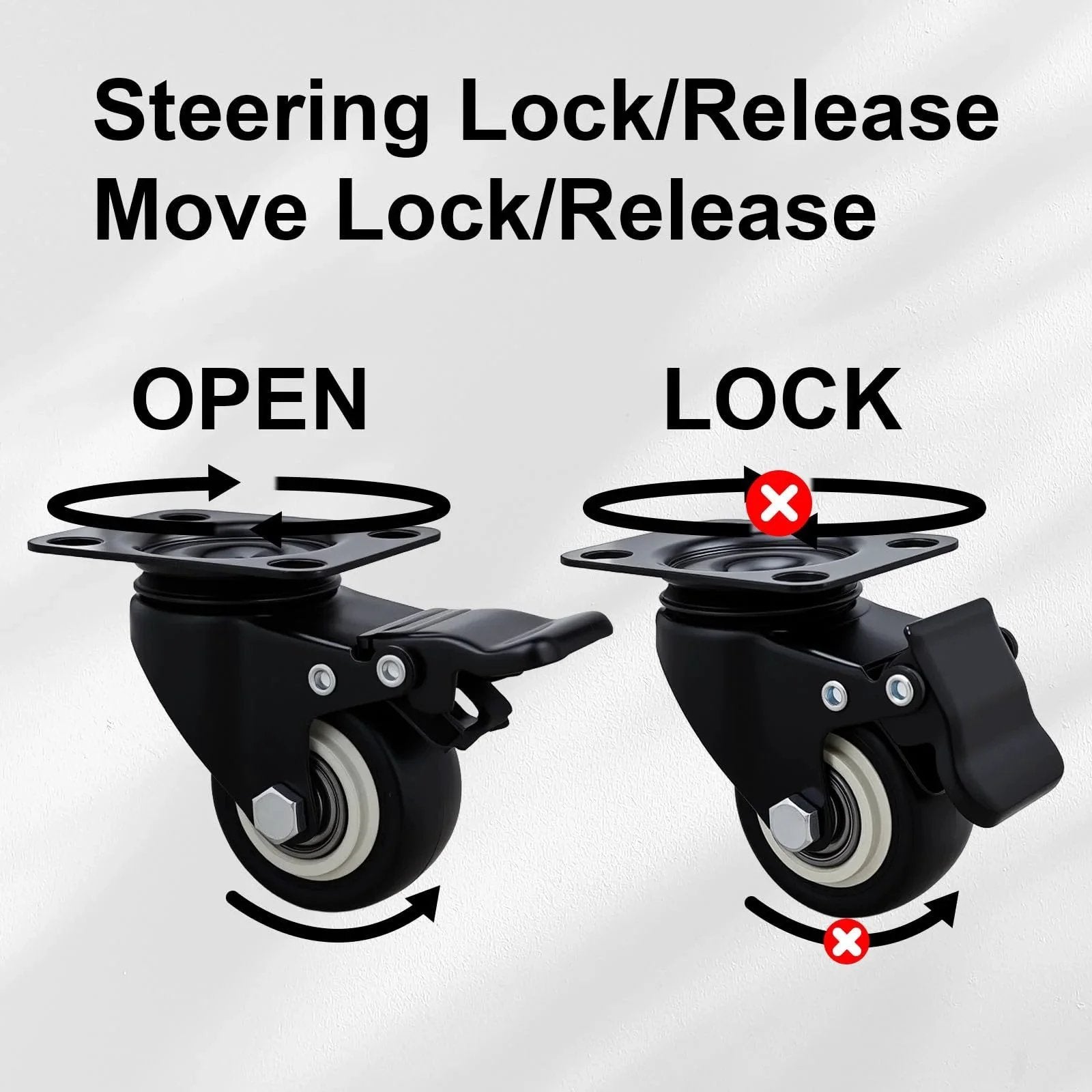 Diagram showing steering lock and release mechanism of 2 Inch Wheel Casters Set Of 4 Heavy Duty Locking Polyurethane Wheels With Brakes