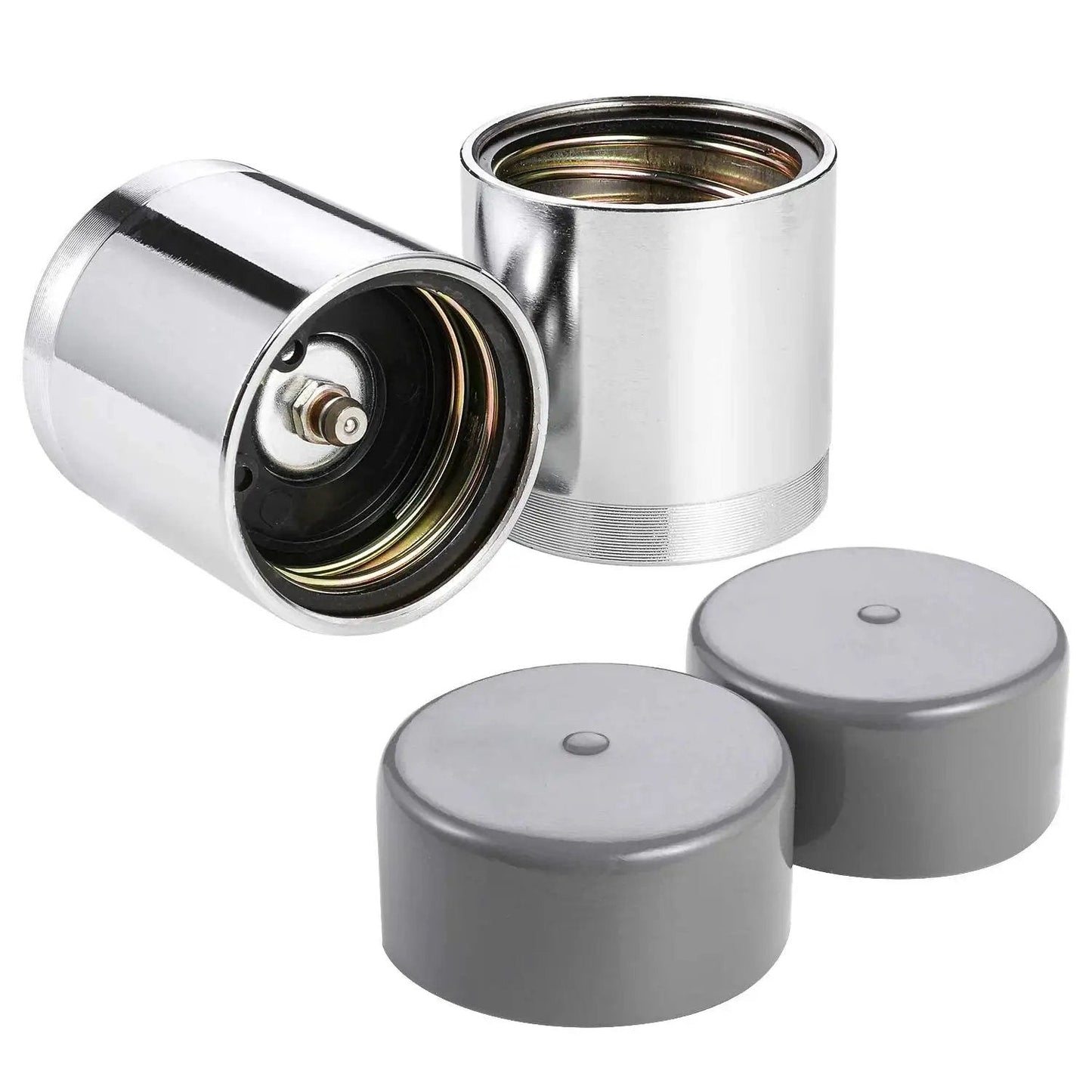 1.98 Inch Bearing Protectors With Chromed Protective Bras For Trailer Wheels, Universal Fit 2 Pack, chrome finish and caps visible