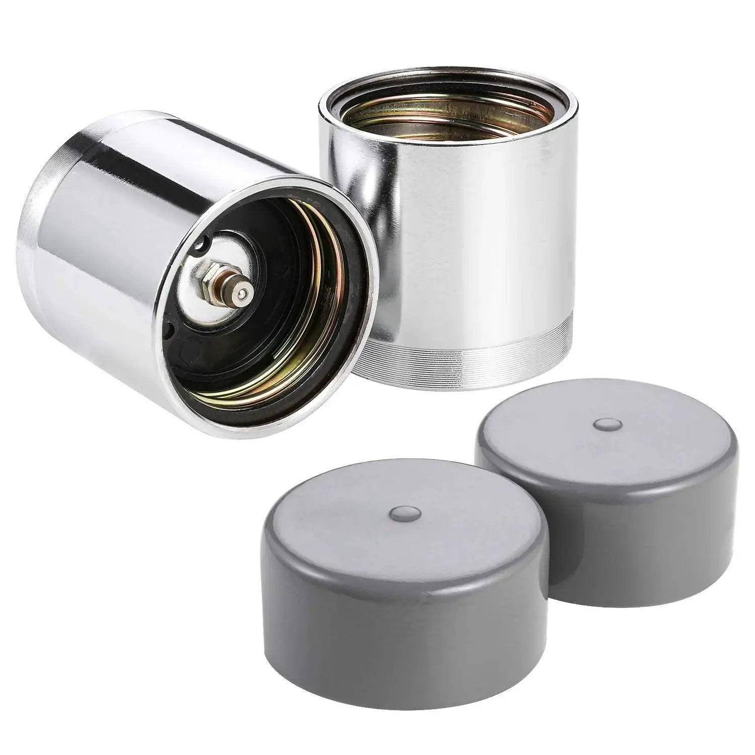 1.98 Inch Bearing Protectors With Chromed Protective Bras For Trailer Wheels, Universal Fit 2 Pack, chrome finish and caps visible