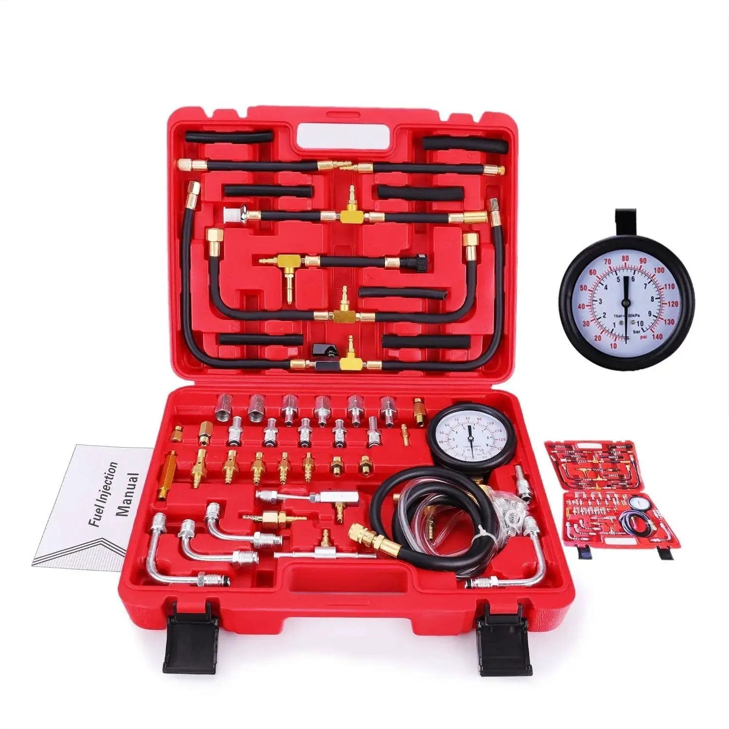 Deluxe Fuel Injection Pressure Tester Kit With Dual Dial Gauge 0 To 140 PSI in red case with various attachments.