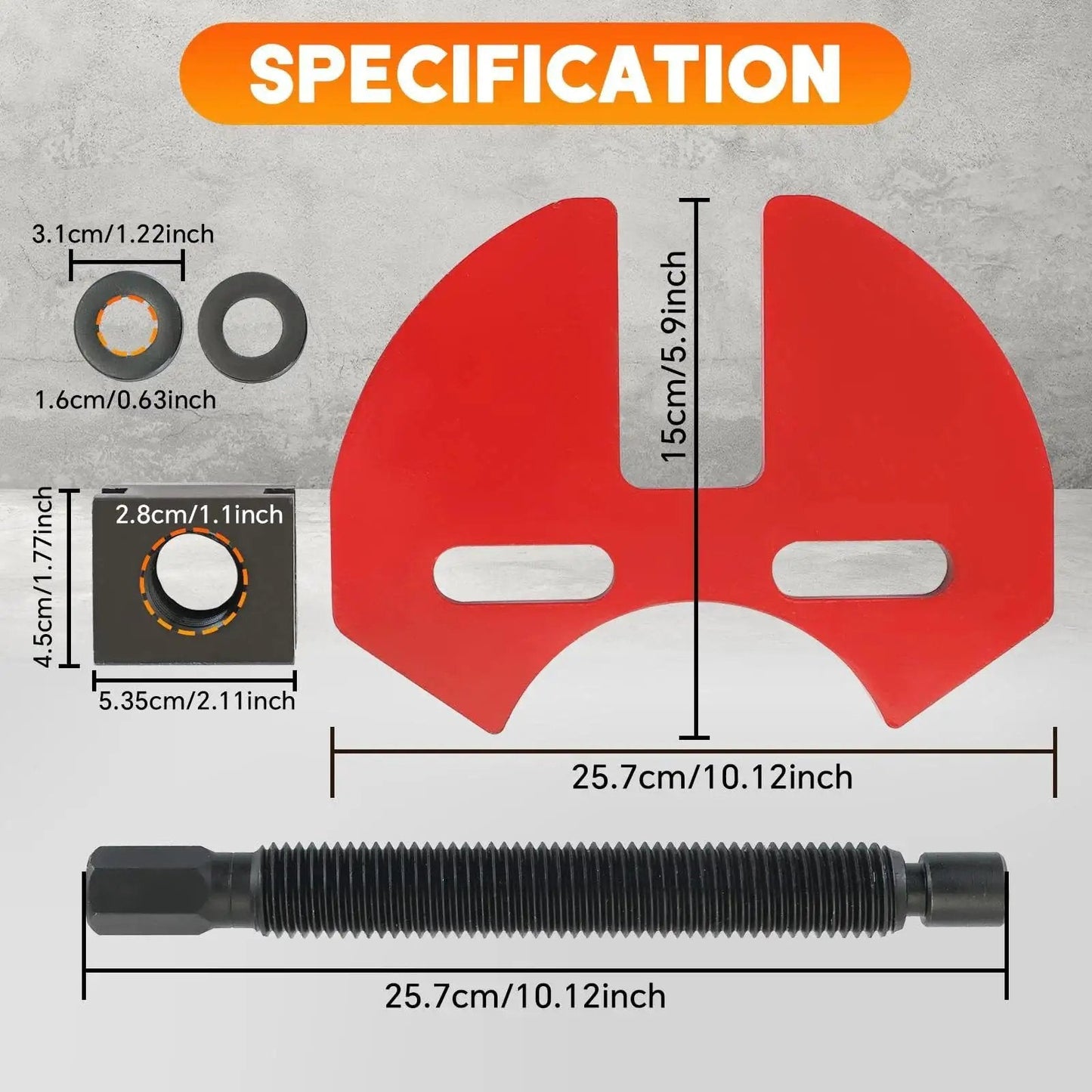 Specifications of Wheel Hub Removal Tool Set for 5 Lug, 6 Lug, and 8 Lug Hubs with dimensions and attachments.