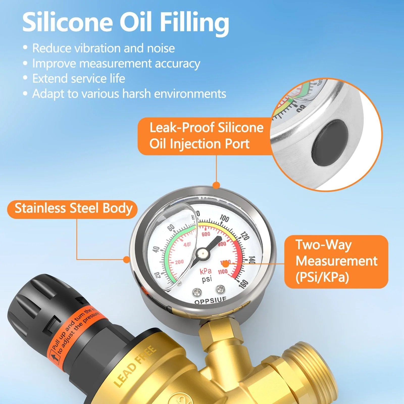 RV Water Pressure Regulator With Colorful Gauge And Hand Adjustable Knob Lead Free Brass Reducer With Inlet Screen Filter NH Thread For RV Camper Travel Trailer Water Hose Easy To Use And Protects Pipes On The Road showing silicone oil filling features.