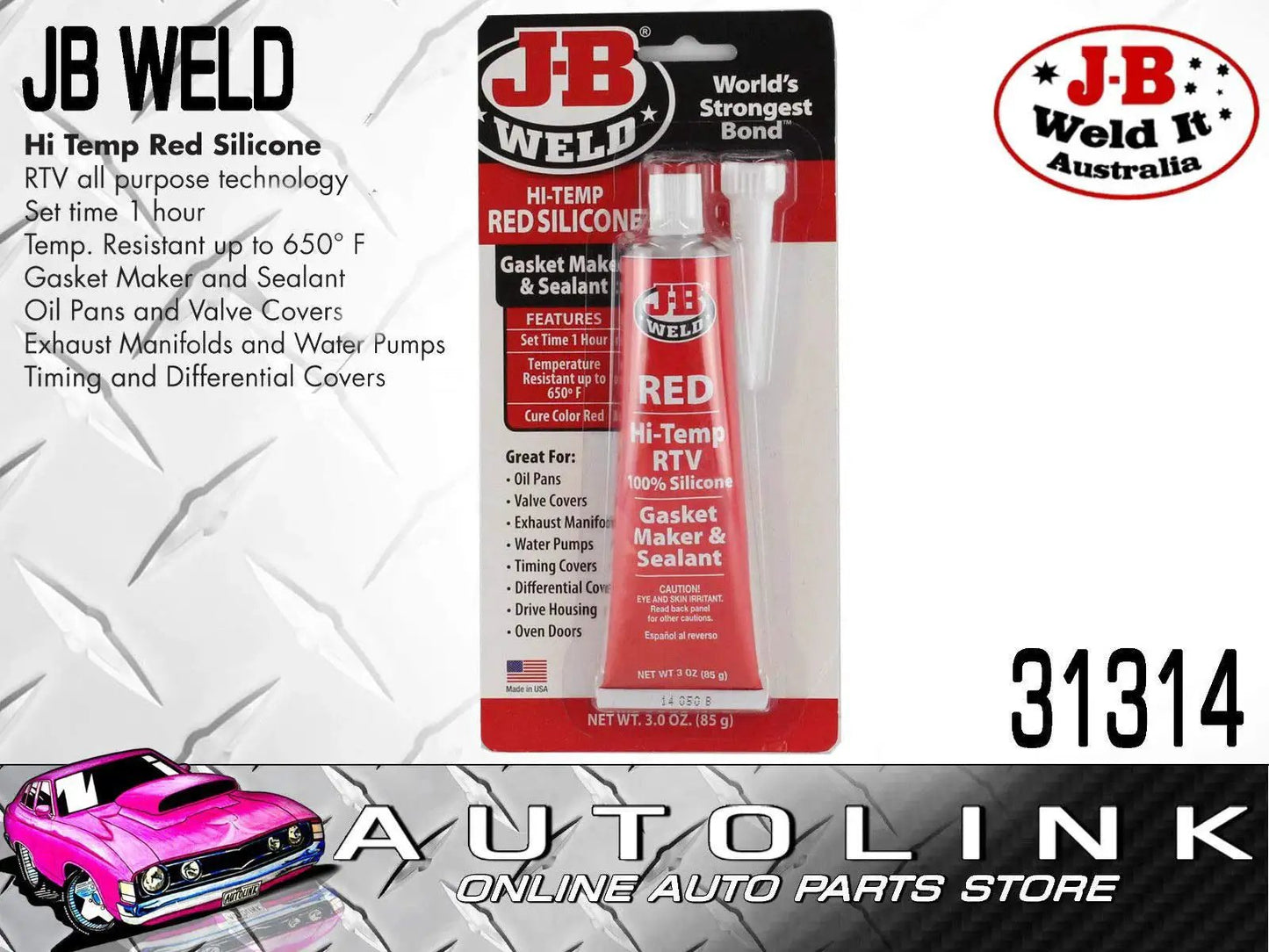 Image of J-B Weld 31314, a 3 oz tube of High Temp Red RTV Silicone Gasket Maker and Sealant for Cars, Trucks and Machines, with text details.