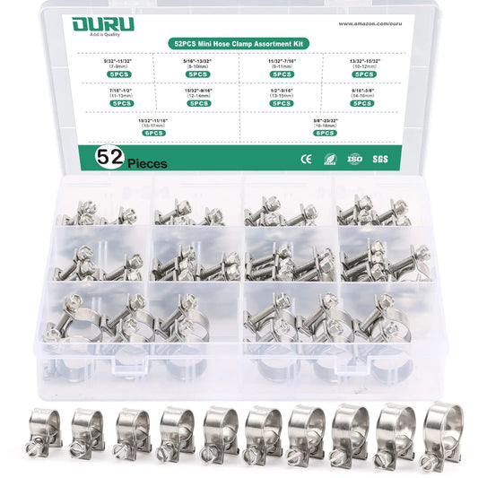 52 Piece Fuel Line Hose Clamp Set Made From 304 Stainless Steel, Adjustable From 9/32 To 23/32 Inch Dia, Mini Auto Gas Line Clamps, 10 Sizes, Built Tough For DIY At Home Auto Repairs And Pro Shop Use
