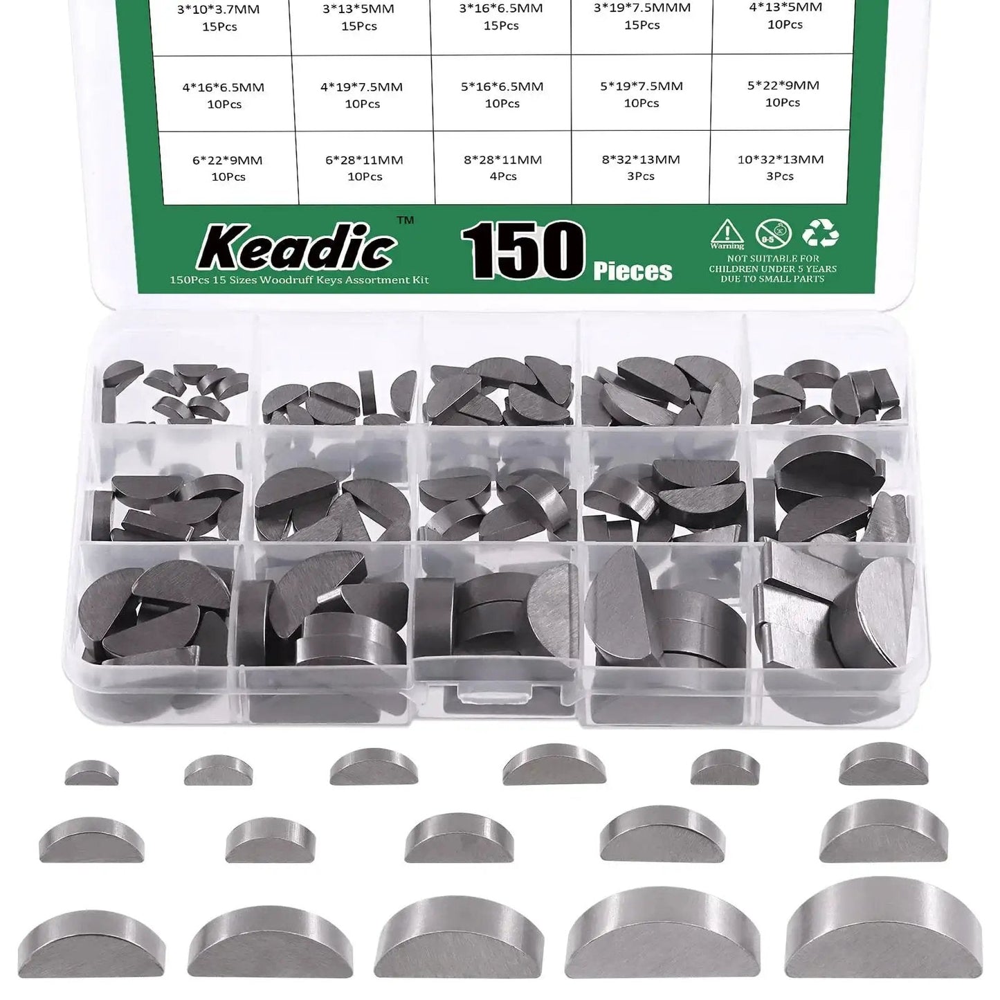 Woodruff Key Assortment Pack 150 Pcs In 15 Metric Sizes Carbon Steel Half Moon Keys displayed in labeled plastic box