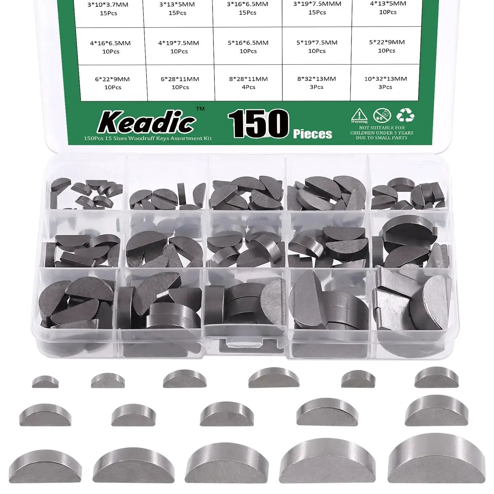 Woodruff Key Assortment Pack 150 Pcs In 15 Metric Sizes Carbon Steel Half Moon Keys displayed in labeled plastic box