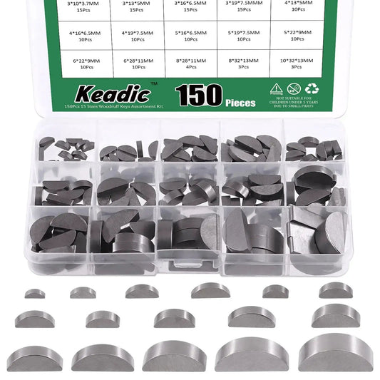 Woodruff Key Assortment Pack 150 Pcs In 15 Metric Sizes Carbon Steel Half Moon Keys displayed in labeled plastic box