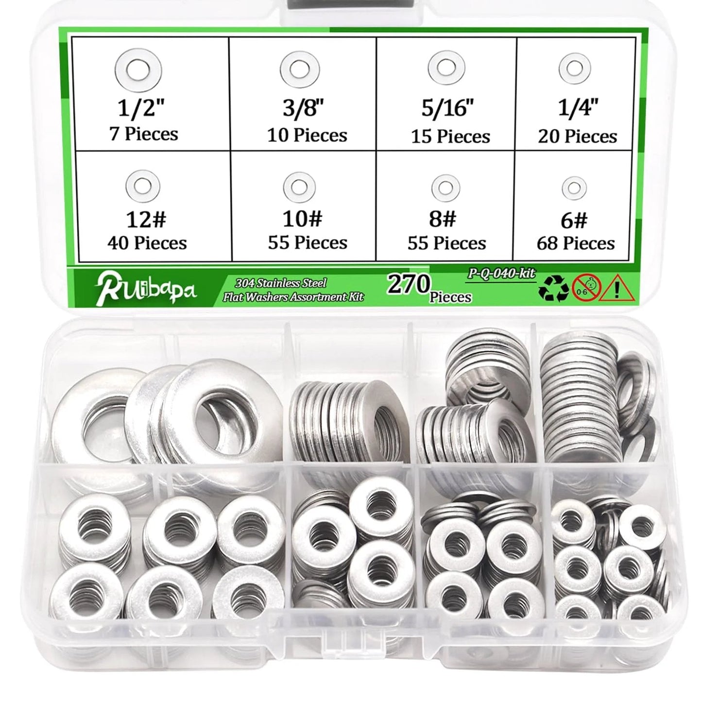 270 Piece 304 Stainless Steel Flat Washers Set For Screws And Bolts With Eight Sizes 6 8 10 12 And 1/4 5/16 3/8 1/2 Inch Rust Resistant Corrosion Proof DIY Home Repair Fastener Kit