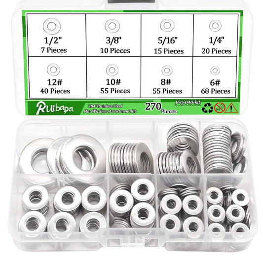 270 Piece 304 Stainless Steel Flat Washers Set For Screws And Bolts With Eight Sizes 6 8 10 12 And 1/4 5/16 3/8 1/2 Inch Rust Resistant Corrosion Proof DIY Home Repair Fastener Kit