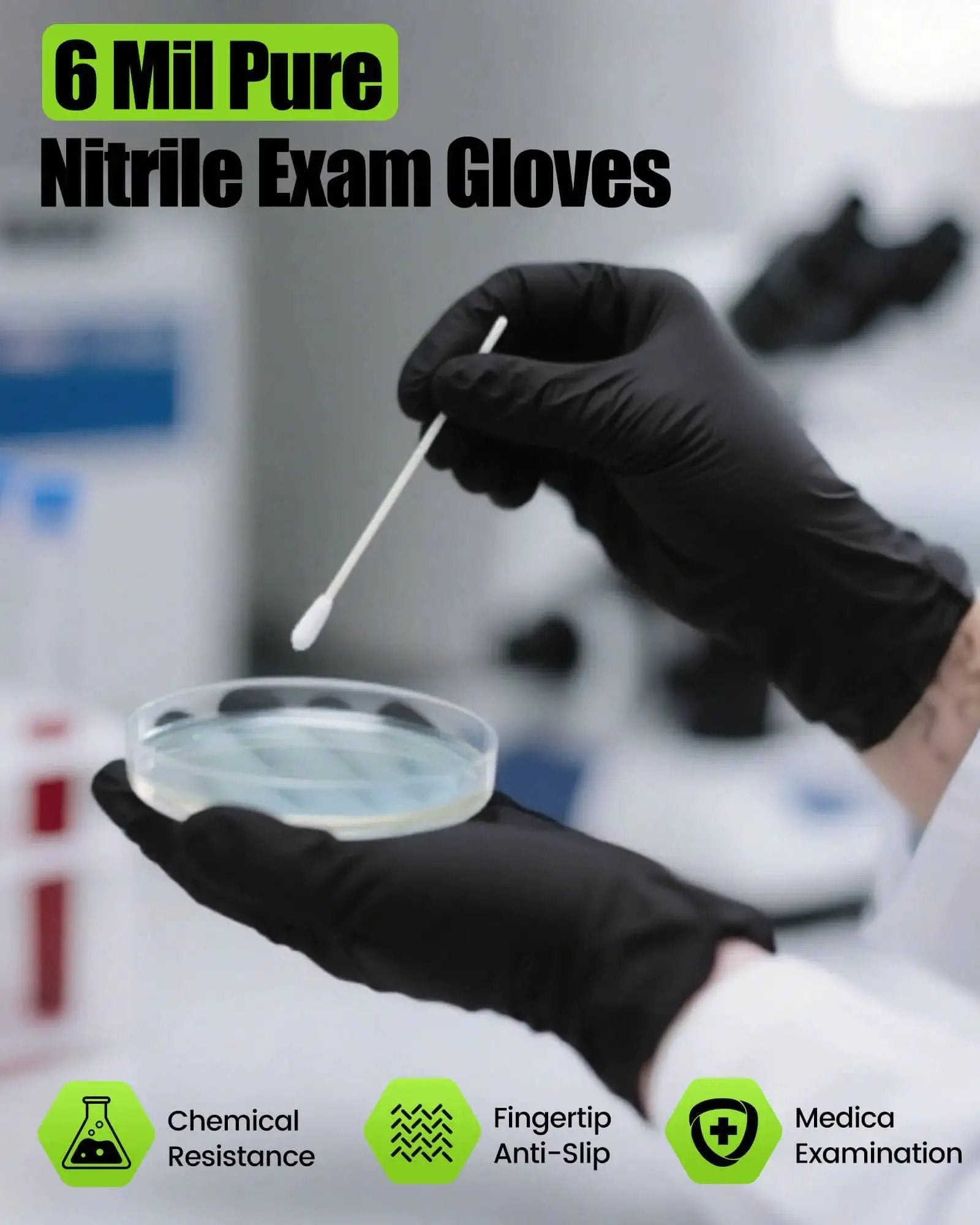 Black Nitrile Gloves 6 Mil Heavy Duty Disposable Textured Grip Powder Free worn by person holding petri dish in lab