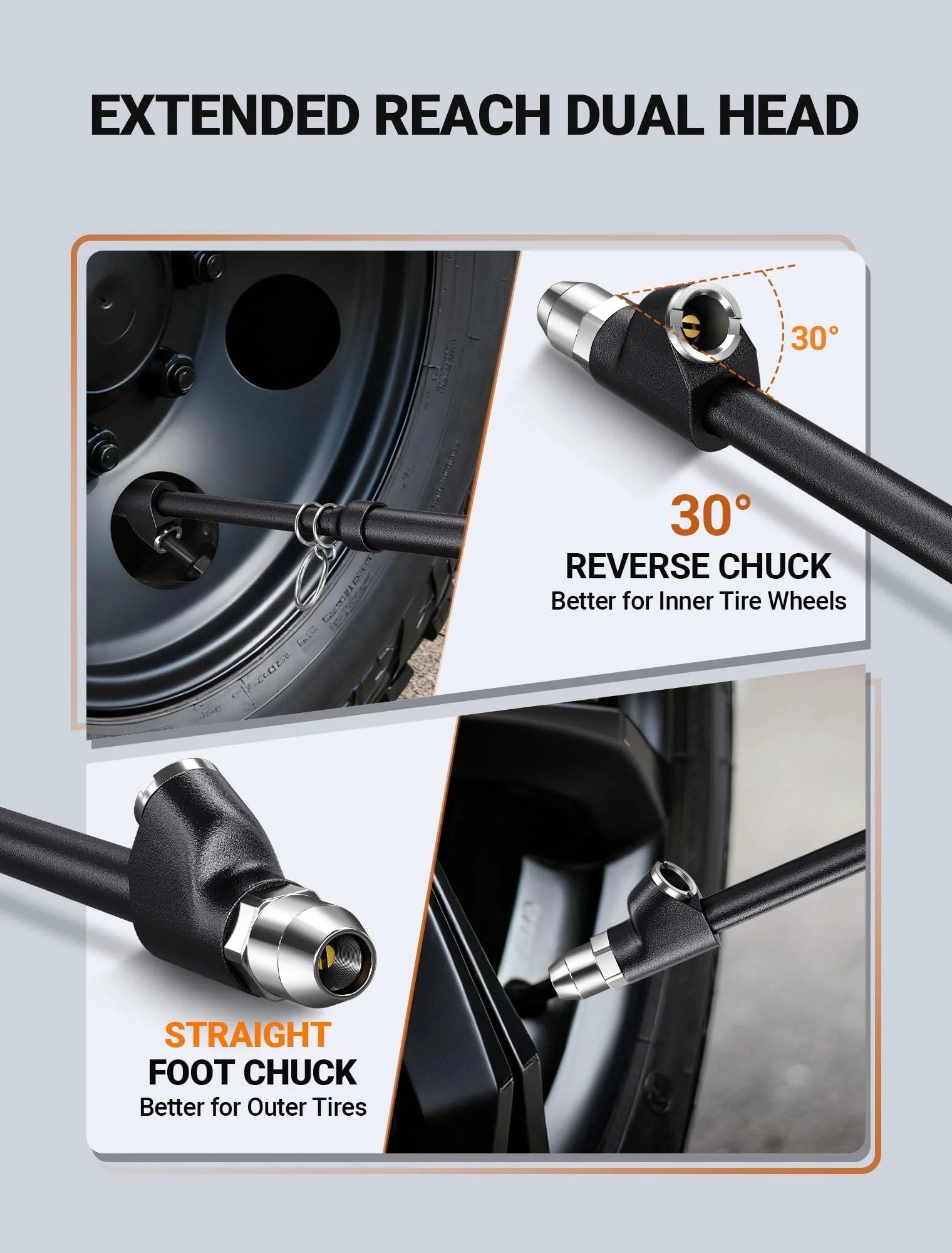 Heavy Duty Tire Pressure Gauge With Extended Dual Head Chuck 10 To 150 PSI For Truck RV And Car Straight On And 30 Degree Reverse Chuck For Dual Wheels And Hard To Reach Valves Includes Four Valve Caps Built Tough EVOULTES with dual head chucks shown in use on tire